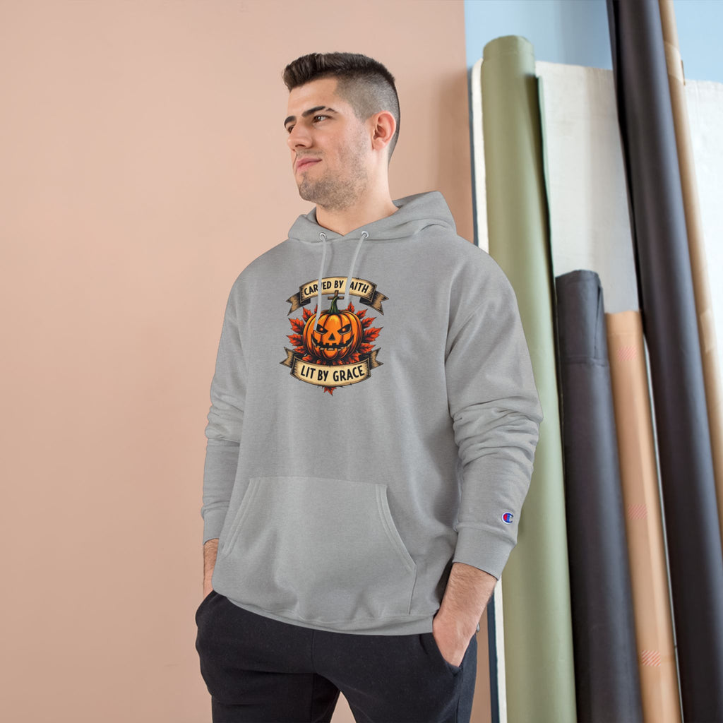 Halloween Pumpkin Champion Hoodie, Cozy Sweatshirt for Fall, Faith Inspired Apparel, Unisex Fall Fashion, Perfect for Halloween Celebrations