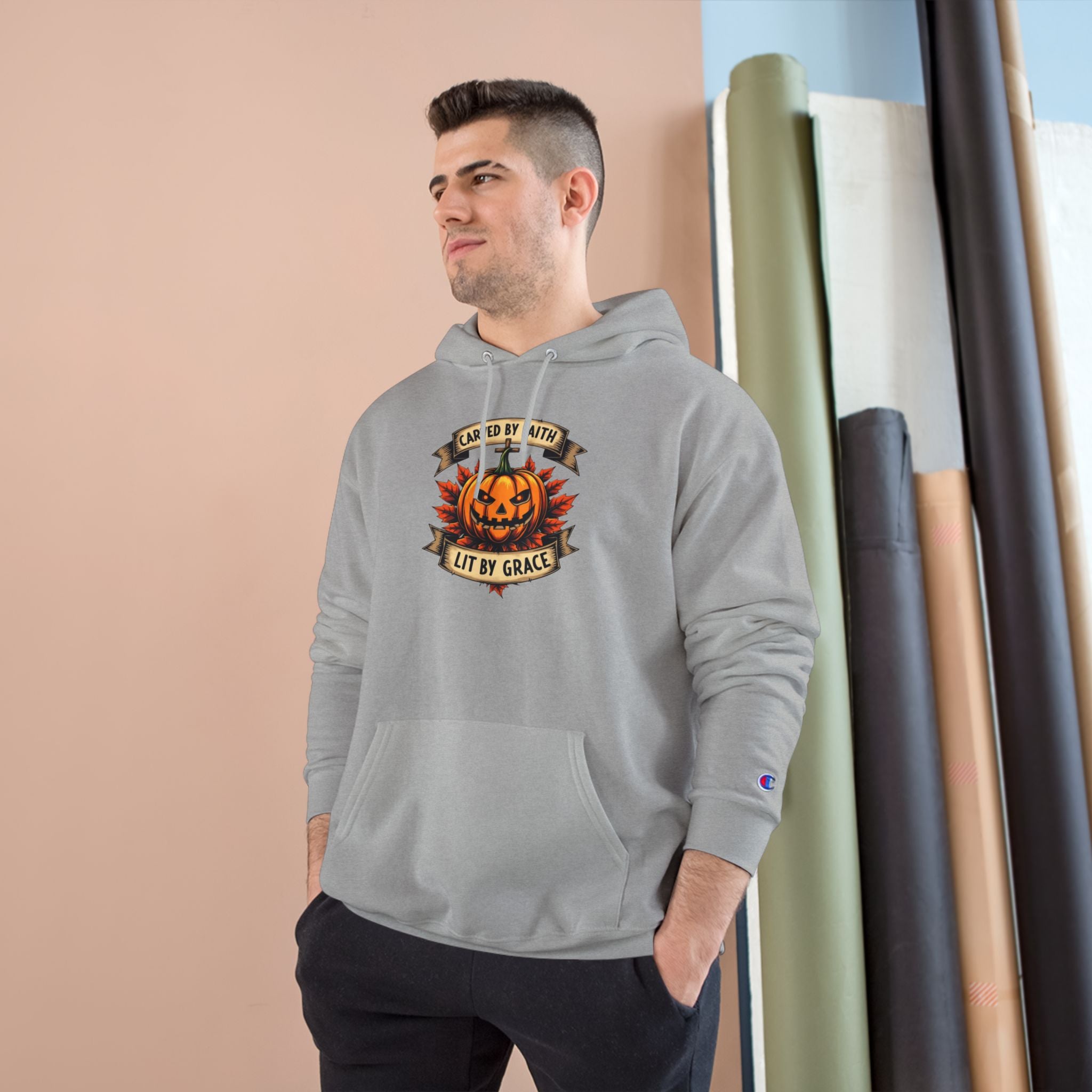 Halloween Pumpkin Champion Hoodie, Cozy Sweatshirt for Fall, Faith Inspired Apparel, Unisex Fall Fashion, Perfect for Halloween Celebrations
