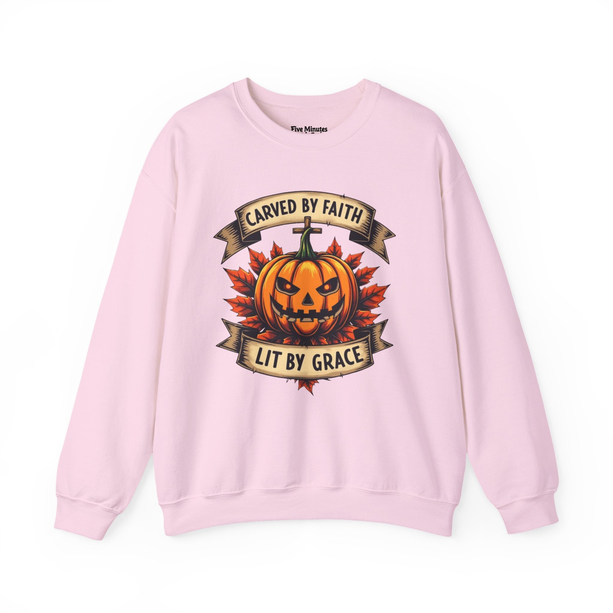 Autumn Pumpkin Sweatshirt - Carved by Faith Lit by Grace, Cozy Fall Fashion, Halloween Gift, Unisex Crewneck, Seasonal Hoodie, Halloween