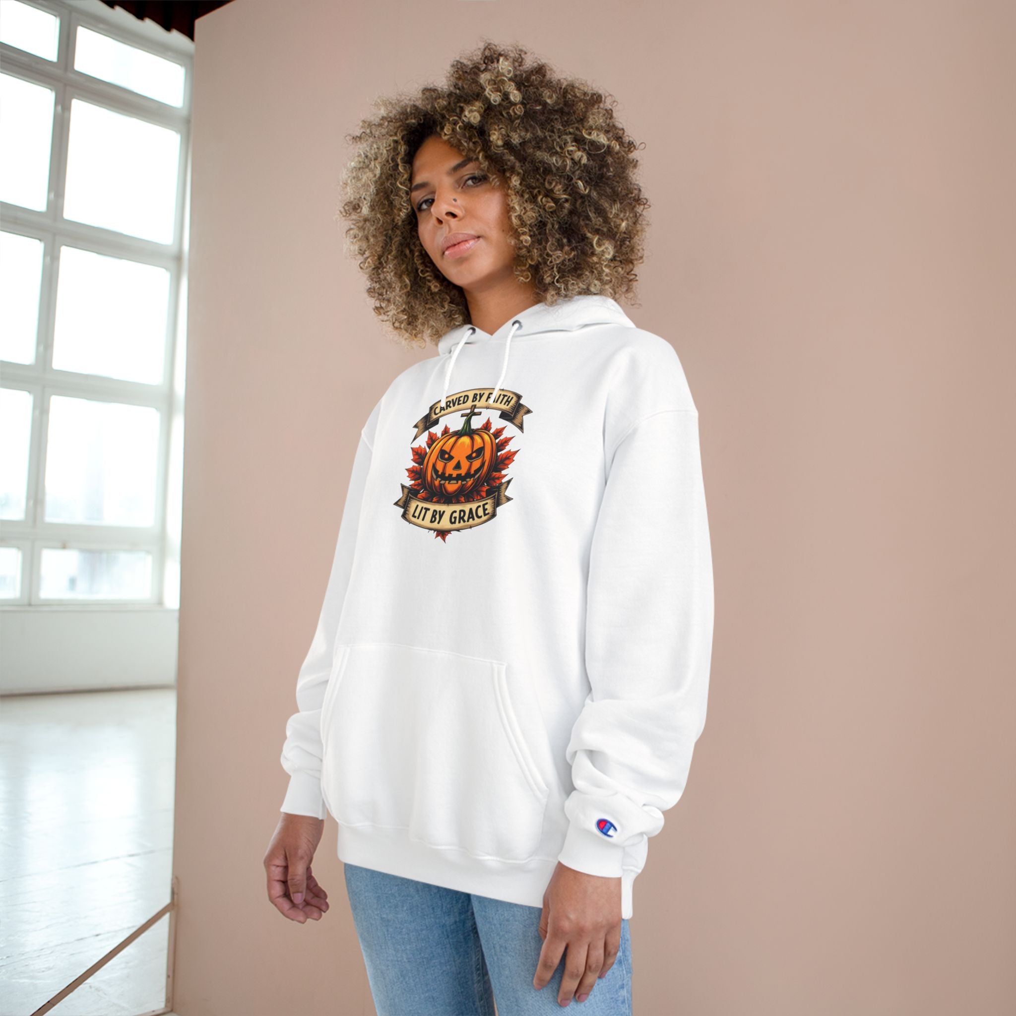 Halloween Pumpkin Champion Hoodie, Cozy Sweatshirt for Fall, Faith Inspired Apparel, Unisex Fall Fashion, Perfect for Halloween Celebrations