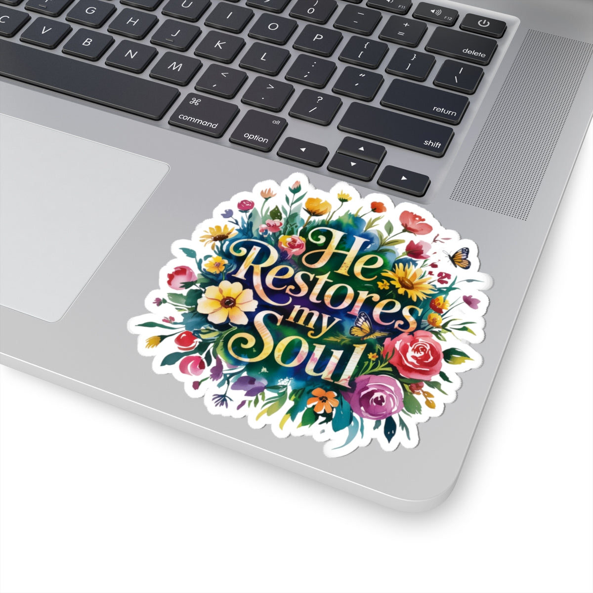 He Restores My Soul Floral Kiss-Cut Stickers, Inspirational Decals, Laptop Accessories, Journal Decor, Gift for Friends