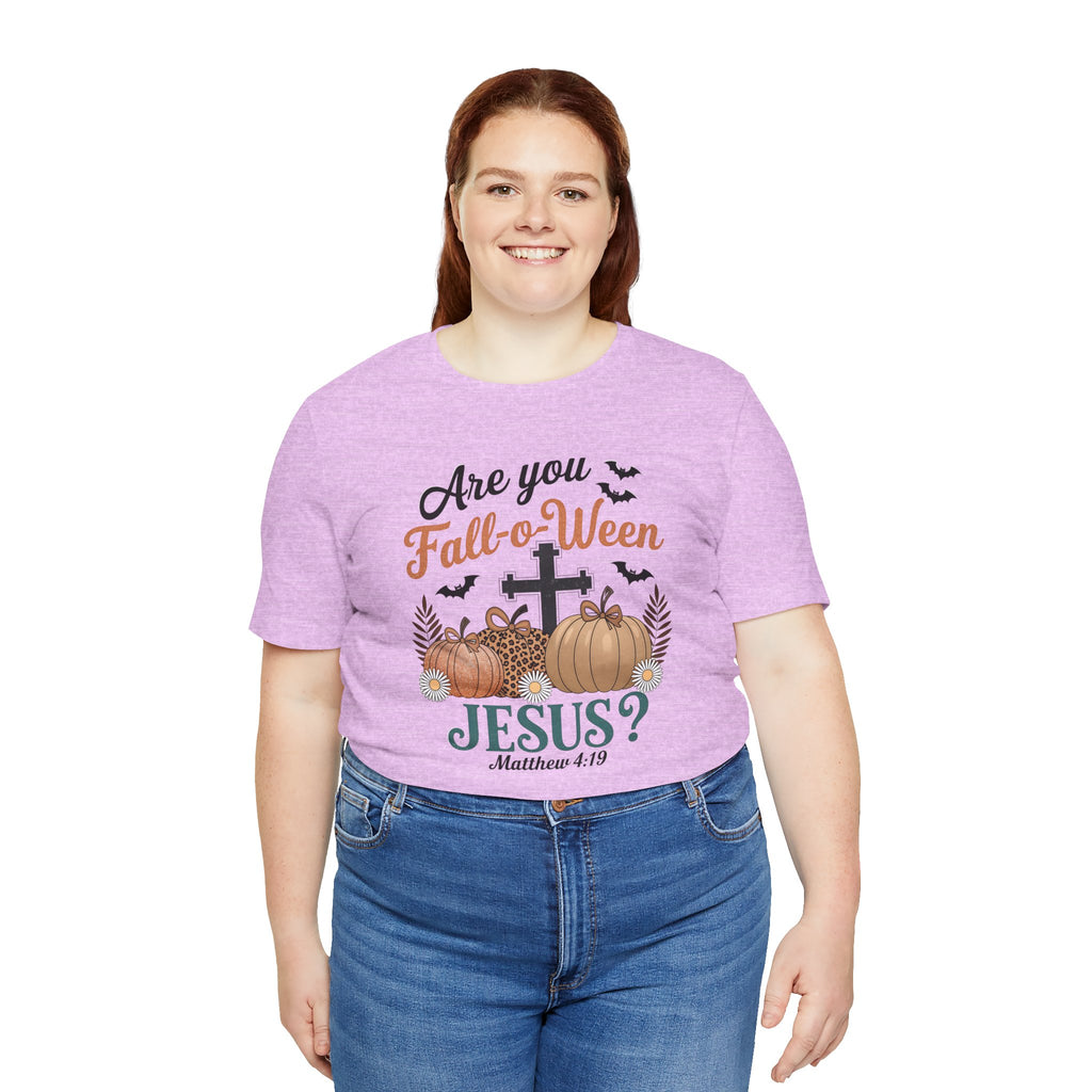Fall-themed Christian Tee, Are You Fall-o-Ween Jesus?, Unisex Halloween Shirt, Autumn Faith T-Shirt, Pumpkin Design Top