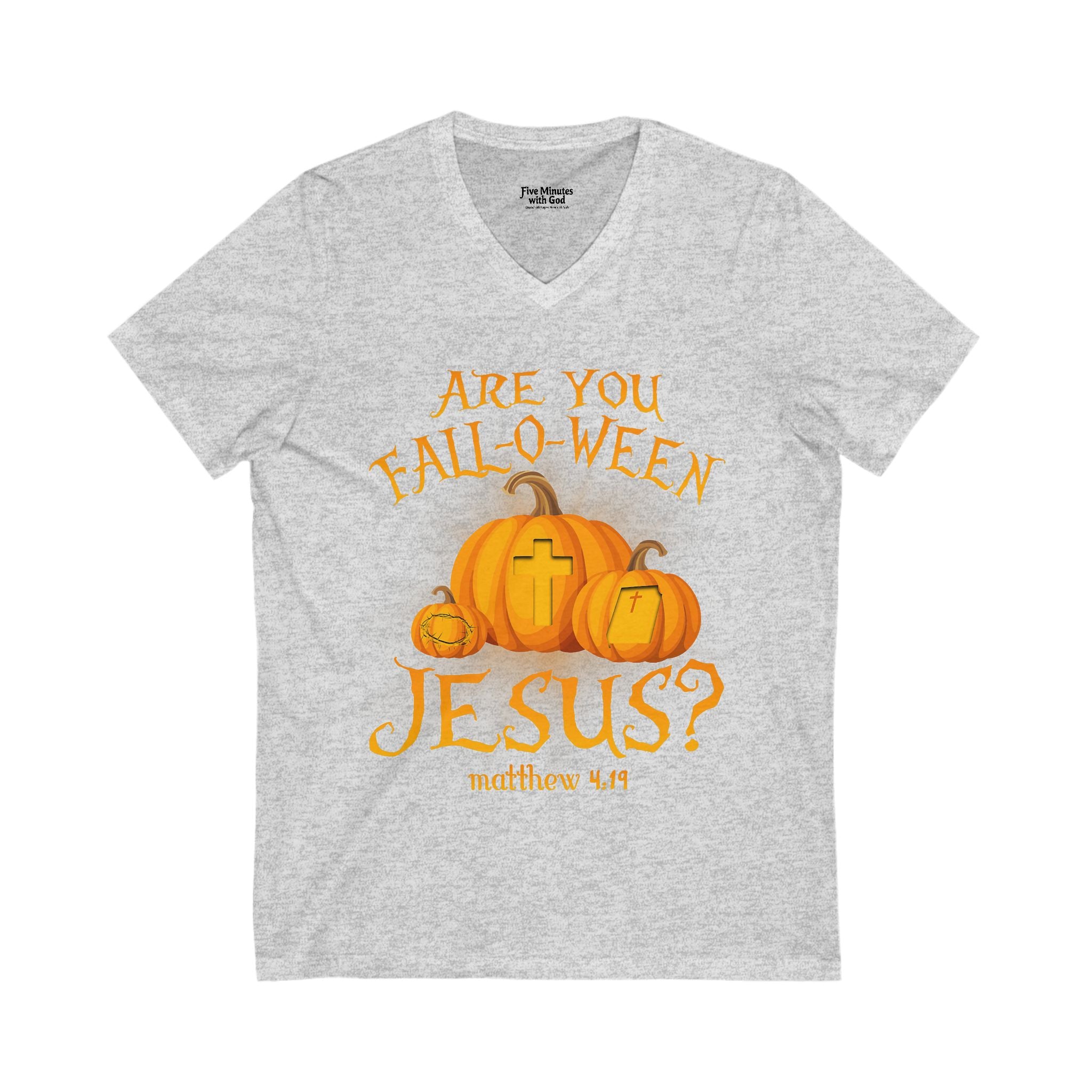 Fall Halloween Jesus V-Neck Tee, Pumpkin Shirt, Faith T-Shirt, Halloween Apparel, Christian Fall Clothing