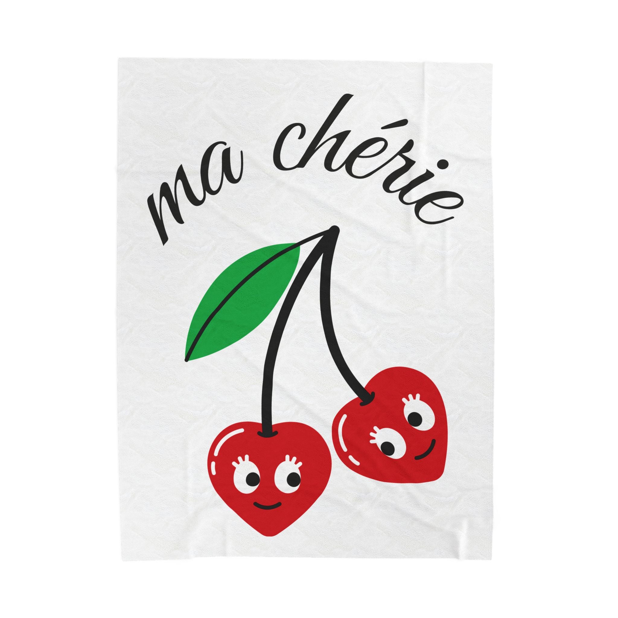 Cute Cherry 'Ma Chérie' Velveteen Plush Blanket, Cozy Throw, Gift for Her, Home Decor, Cherry Theme, Warm Snuggle Blanket