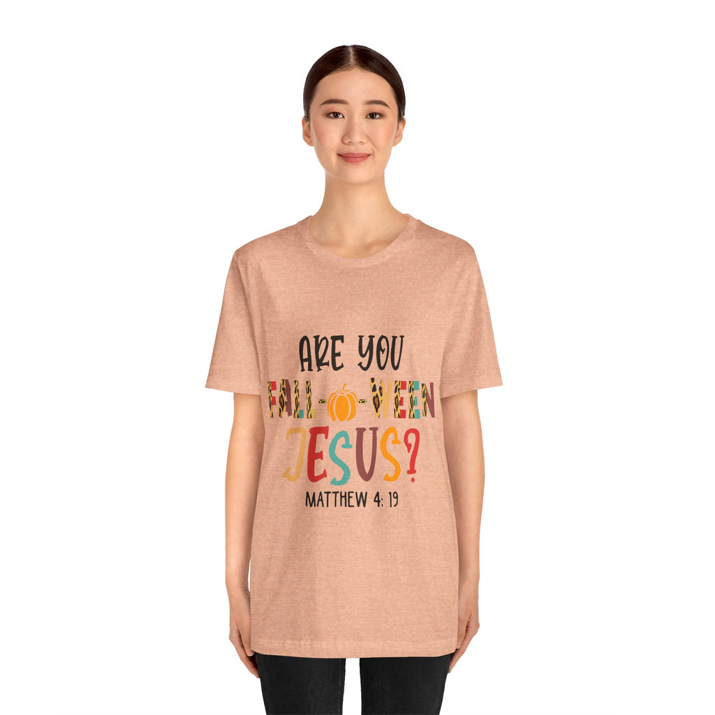 Fall-Themed Jesus Tee | Unisex Jersey Short Sleeve T-Shirt, Halloween Church Wear, Faith-Based Gift, Cozy Casual Top