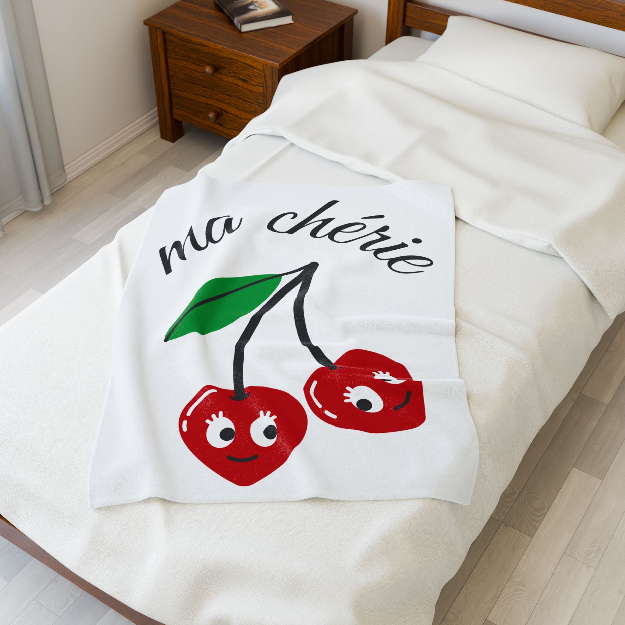 Cute Cherry 'Ma Chérie' Velveteen Plush Blanket, Cozy Throw, Gift for Her, Home Decor, Cherry Theme, Warm Snuggle Blanket