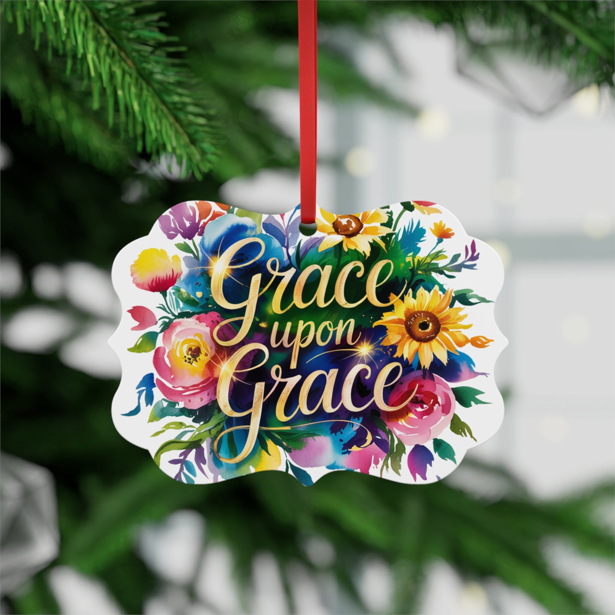 Floral Metal Ornament - Grace Upon Grace - Home Decor, Gift, Holiday Decoration, Wall Art, Personalized Ornament