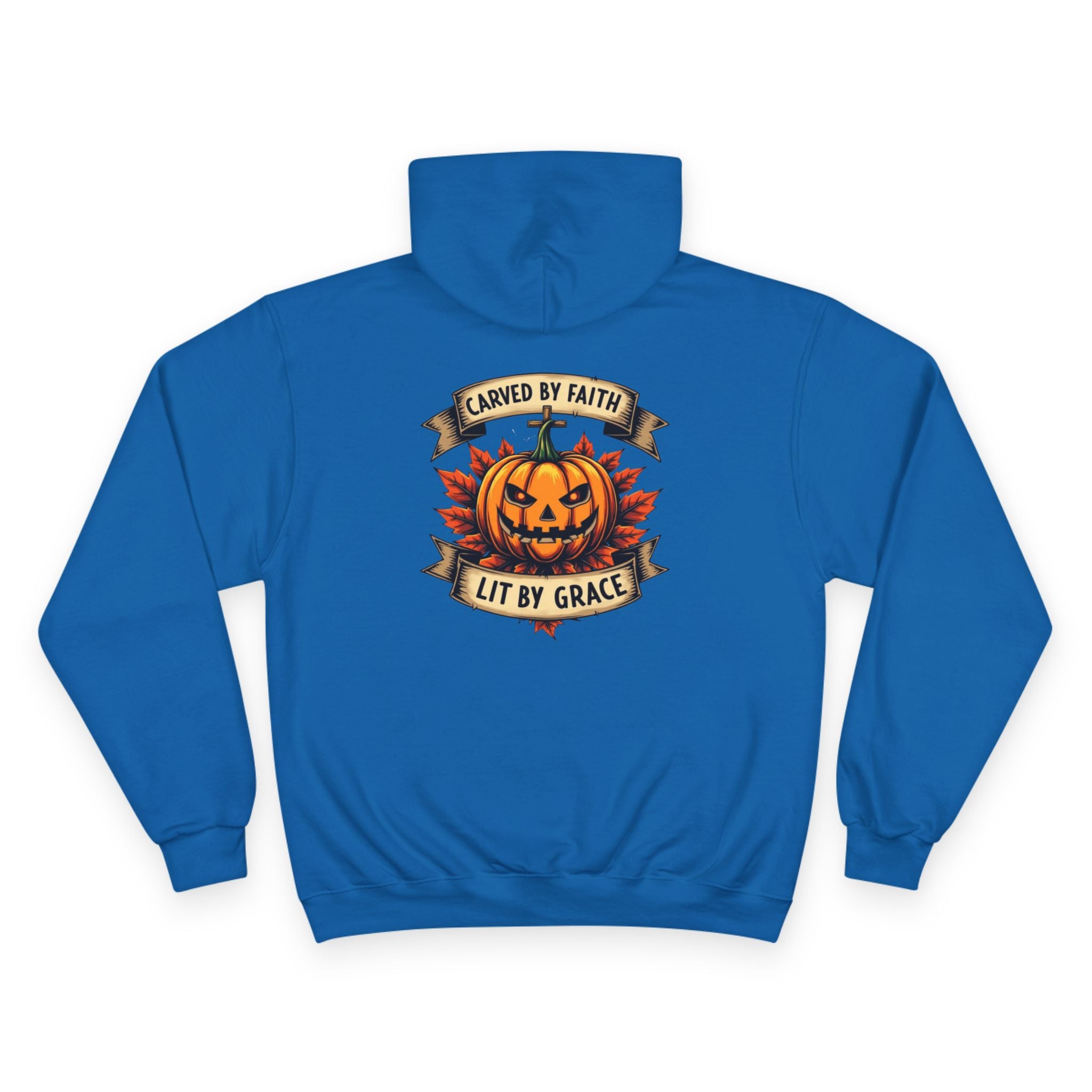 Champion Hoodie with Pumpkin Design - Carved by Faith, Lit by Grace, Cozy Fall Apparel for Halloween, Spiritual Gift, Autumn Fashion