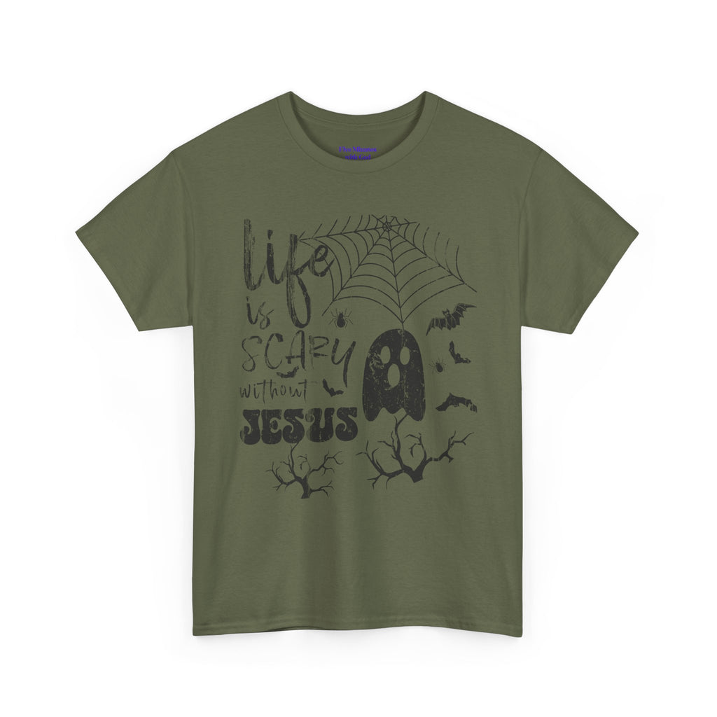 Halloween Ghost Tee: Life is Scary Without Jesus, Unisex Heavy Cotton T-Shirt, Halloween Shirt, Faith-Based Apparel, Cute Ghost Tee, [...]