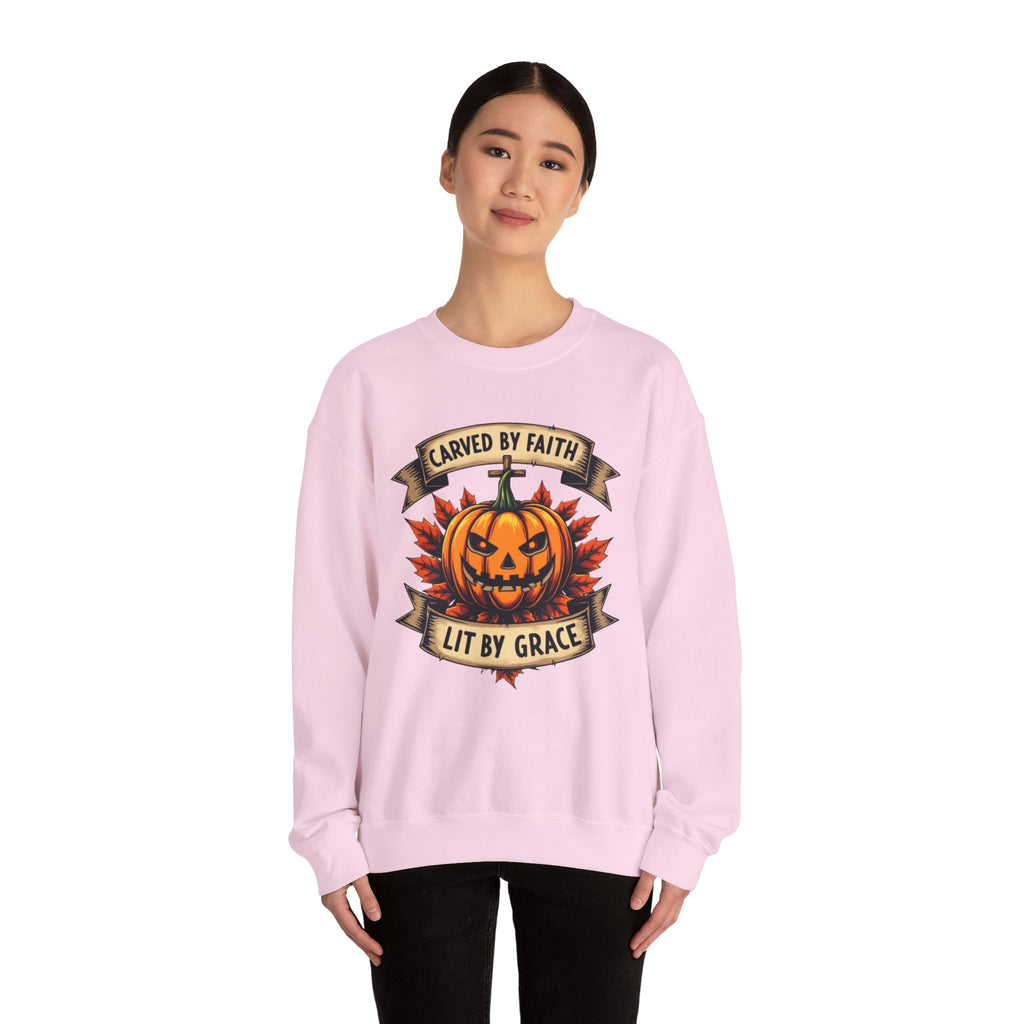 Autumn Pumpkin Sweatshirt - Carved by Faith Lit by Grace, Cozy Fall Fashion, Halloween Gift, Unisex Crewneck, Seasonal Hoodie, Halloween