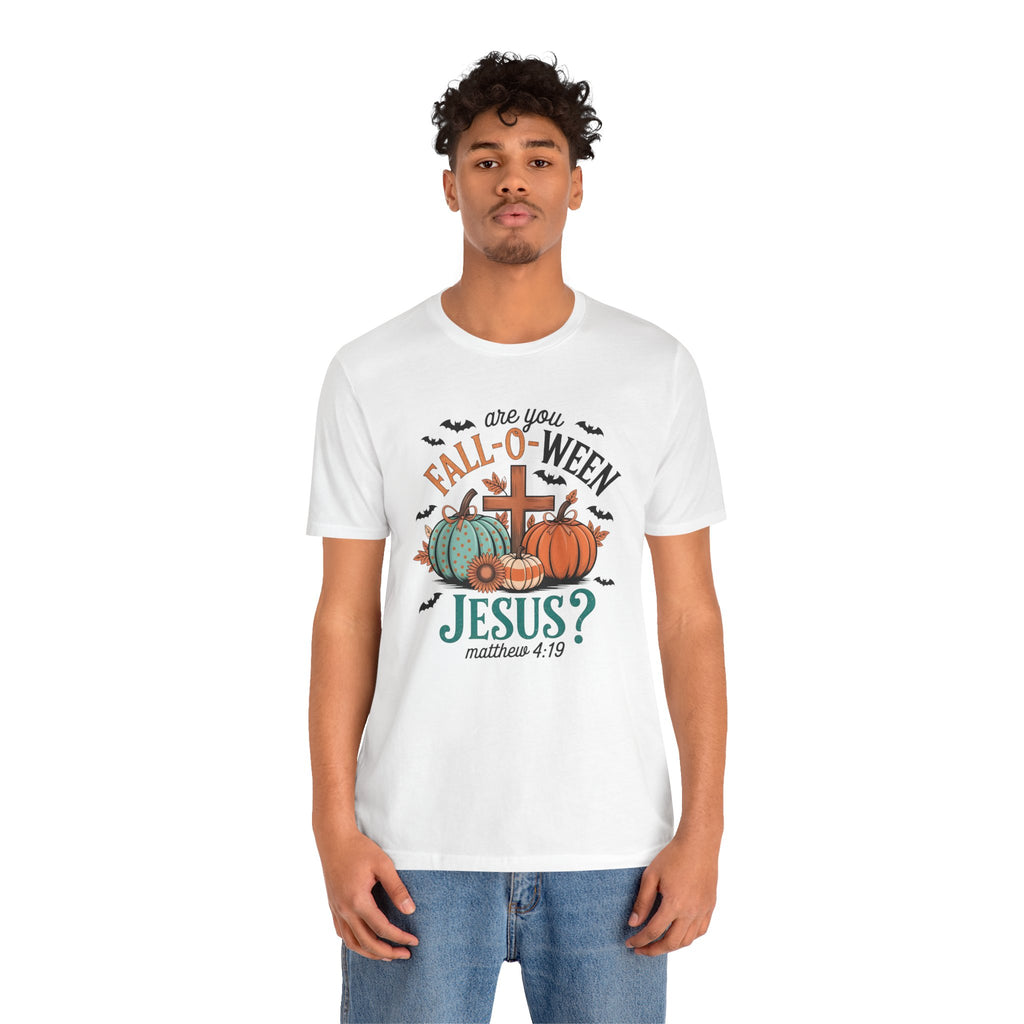 Fall-Themed Jesus T-Shirt, Unisex Short Sleeve Tee, Christian Apparel, Autumn Wear, Pumpkin Design, Halloween Celebration