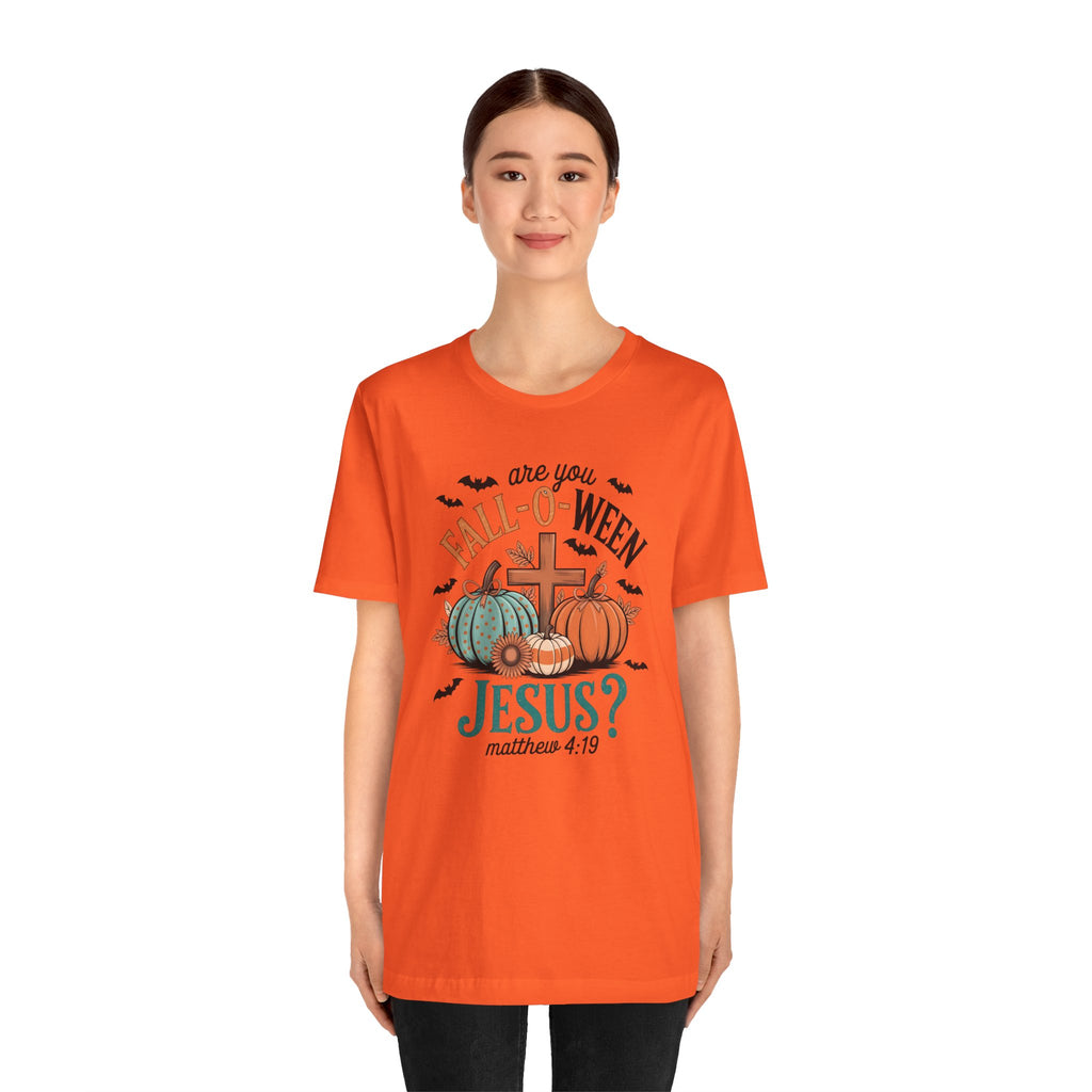 Fall-Themed Jesus T-Shirt, Unisex Short Sleeve Tee, Christian Apparel, Autumn Wear, Pumpkin Design, Halloween Celebration