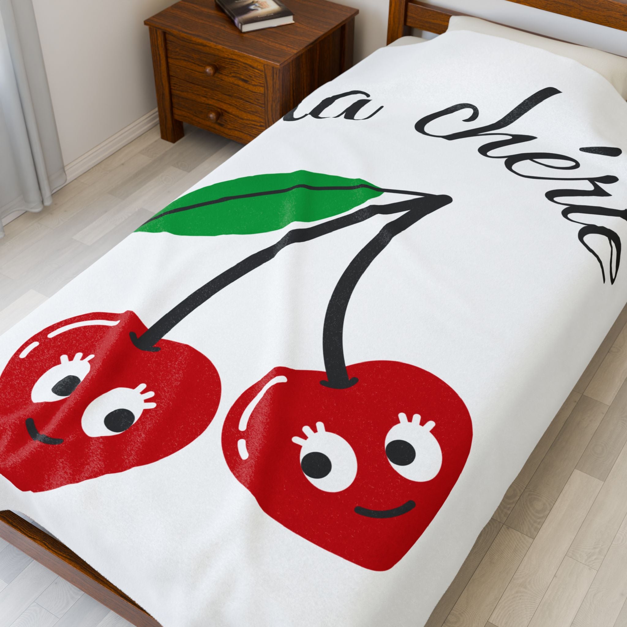 Cute Cherry 'Ma Chérie' Velveteen Plush Blanket, Cozy Throw, Gift for Her, Home Decor, Cherry Theme, Warm Snuggle Blanket
