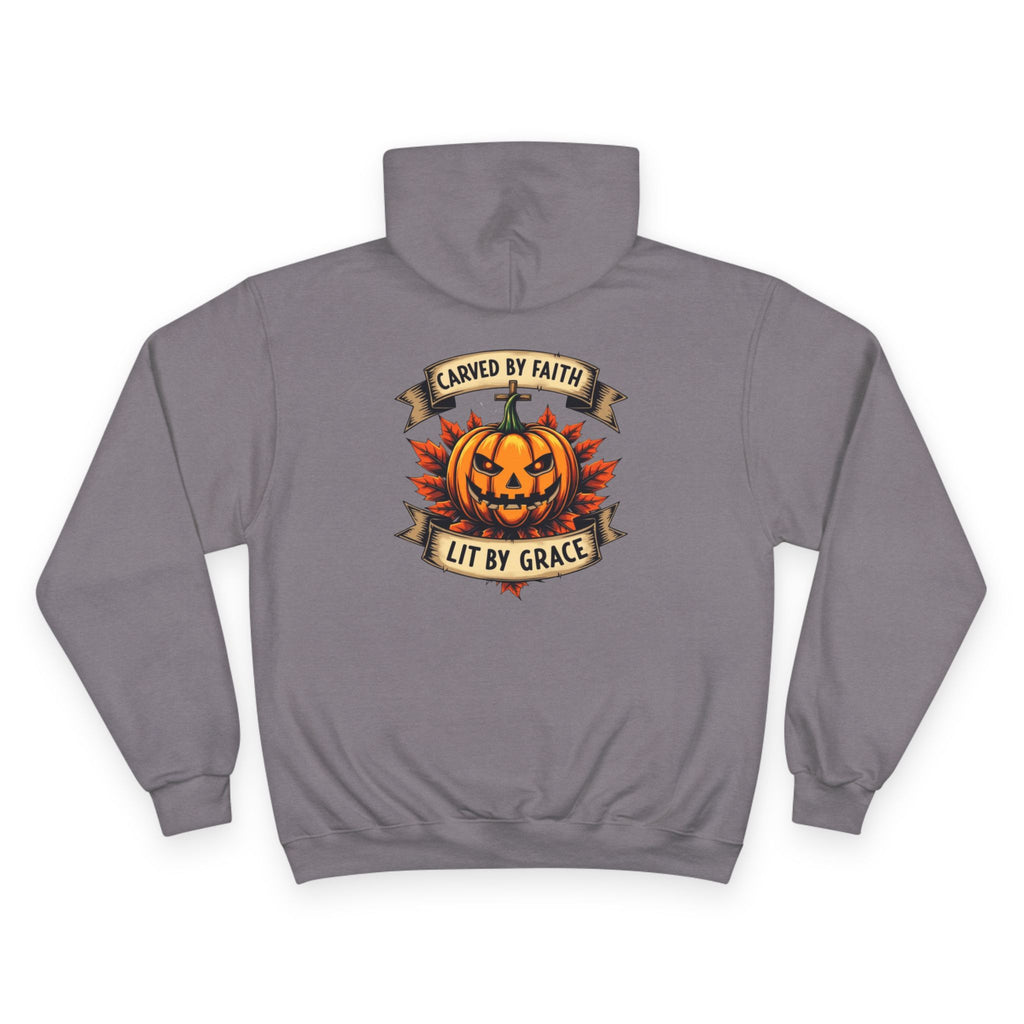 Champion Hoodie with Pumpkin Design - Carved by Faith, Lit by Grace, Cozy Fall Apparel for Halloween, Spiritual Gift, Autumn Fashion