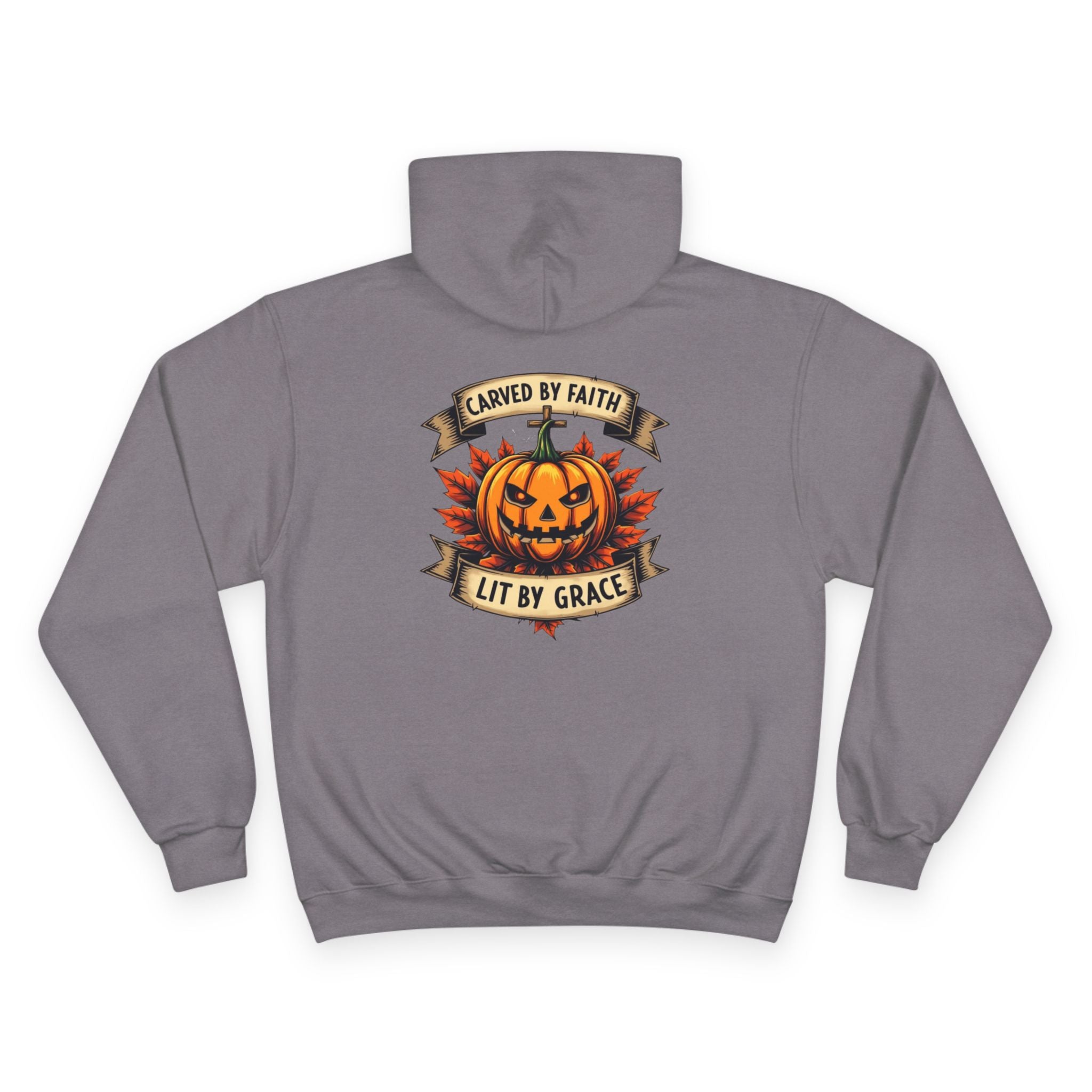 Champion Hoodie with Pumpkin Design - Carved by Faith, Lit by Grace, Cozy Fall Apparel for Halloween, Spiritual Gift, Autumn Fashion
