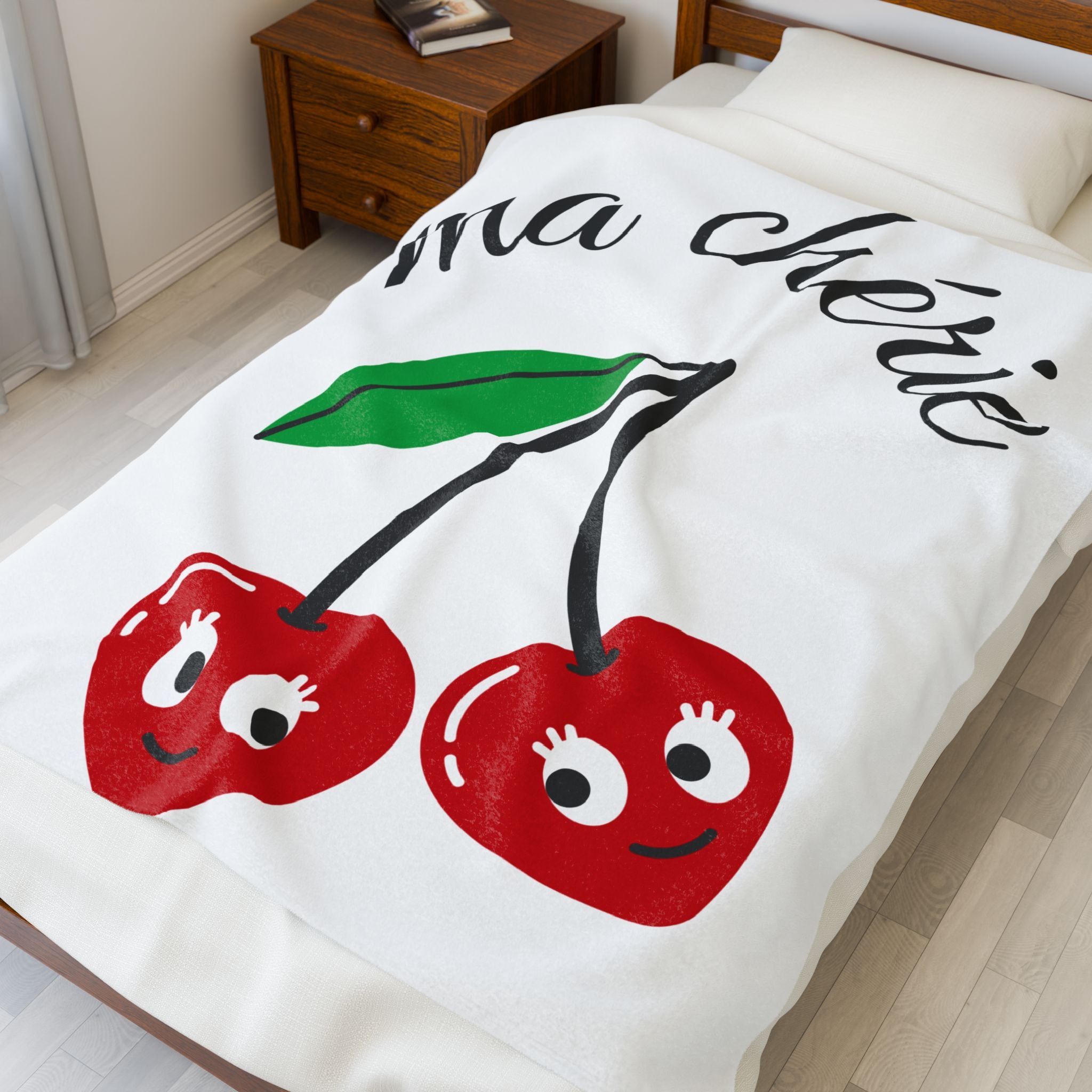 Cute Cherry 'Ma Chérie' Velveteen Plush Blanket, Cozy Throw, Gift for Her, Home Decor, Cherry Theme, Warm Snuggle Blanket