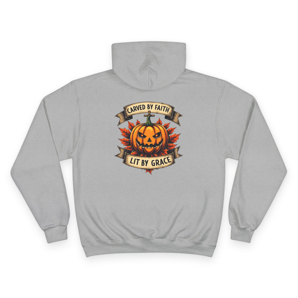 Champion Hoodie with Pumpkin Design - Carved by Faith, Lit by Grace, Cozy Fall Apparel for Halloween, Spiritual Gift, Autumn Fashion