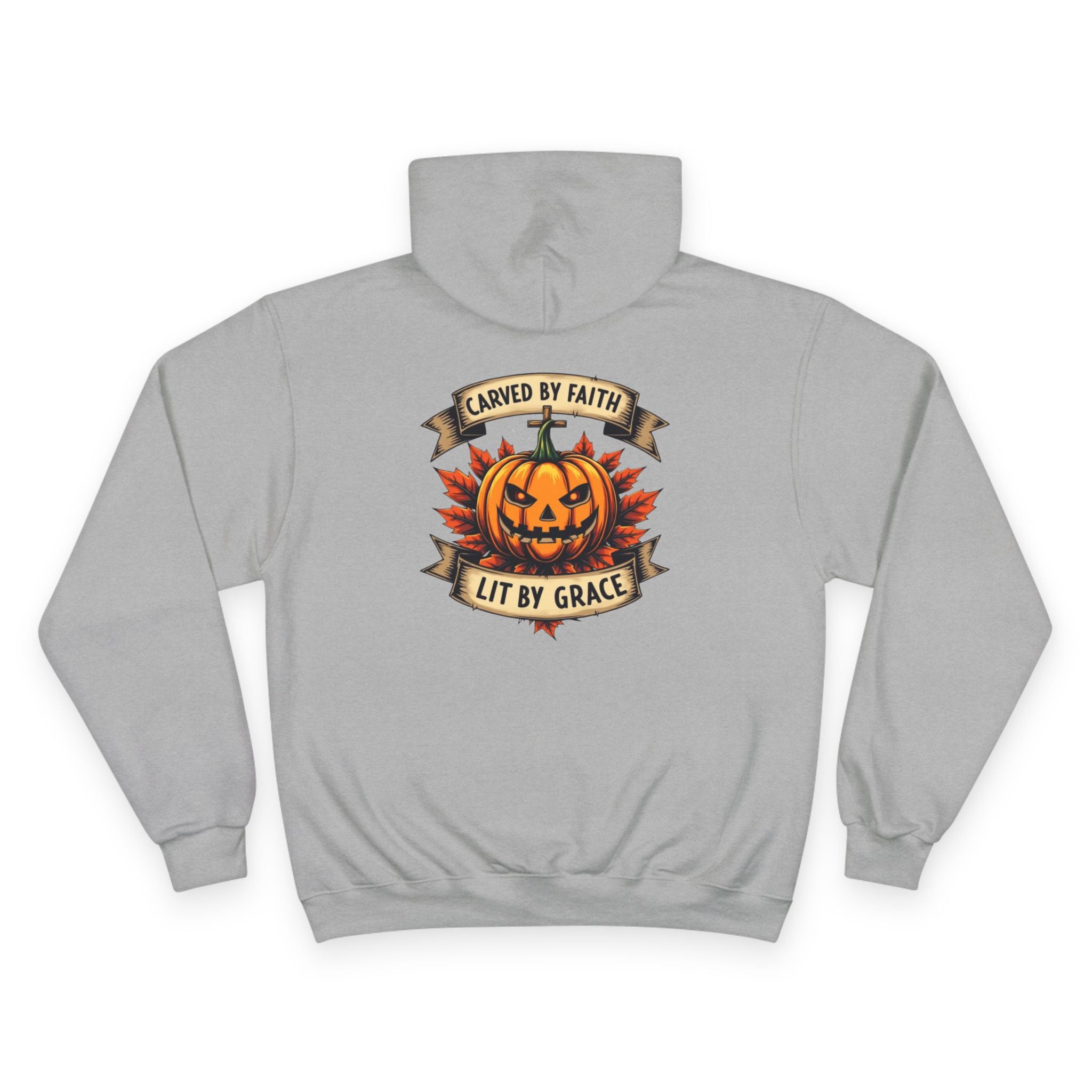 Champion Hoodie with Pumpkin Design - Carved by Faith, Lit by Grace, Cozy Fall Apparel for Halloween, Spiritual Gift, Autumn Fashion