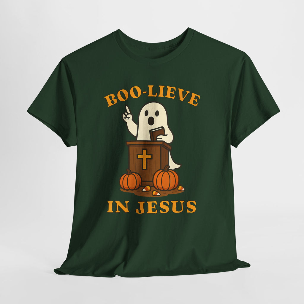 Boo-Lieve in Jesus Tee, Halloween Shirt, Unisex Cotton Tee, Fall Fashion, Religious T-Shirt, Spooky Season Apparel