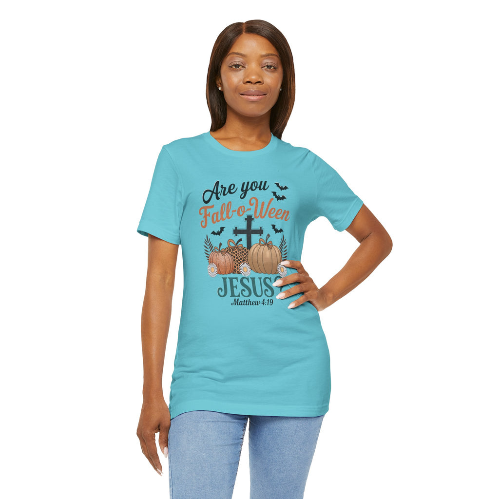 Fall-themed Christian Tee, Are You Fall-o-Ween Jesus?, Unisex Halloween Shirt, Autumn Faith T-Shirt, Pumpkin Design Top