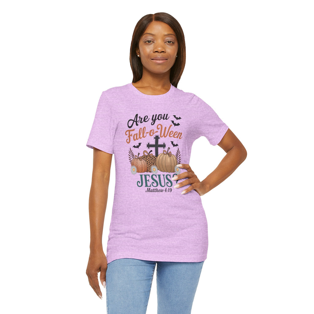 Fall-themed Christian Tee, Are You Fall-o-Ween Jesus?, Unisex Halloween Shirt, Autumn Faith T-Shirt, Pumpkin Design Top
