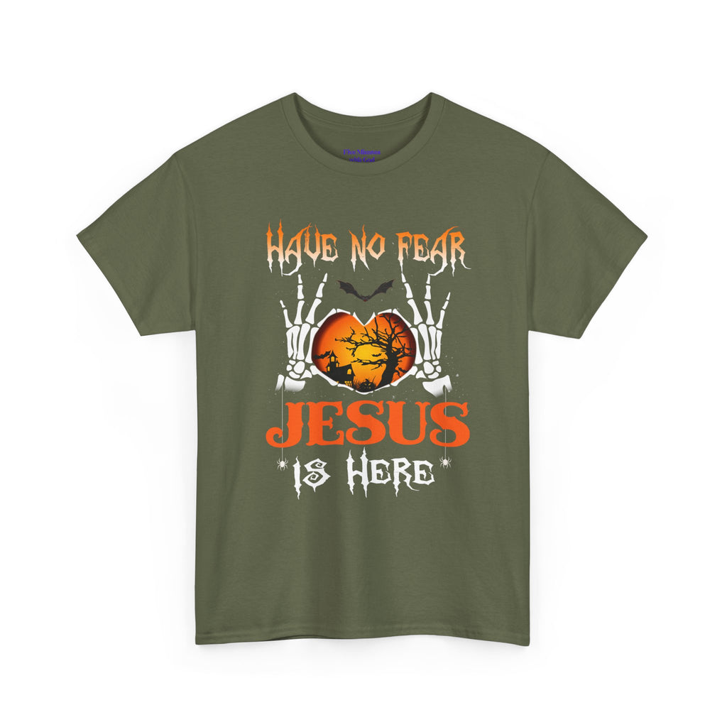 Halloween Faith Tee, Unisex T-Shirt with Skeletons, Jesus is Here, Spooky Season Apparel, Christian Shirt, Autumn Outfit