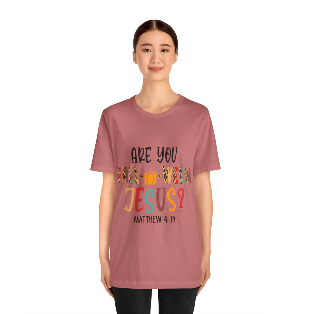 Fall-Themed Jesus Tee | Unisex Jersey Short Sleeve T-Shirt, Halloween Church Wear, Faith-Based Gift, Cozy Casual Top