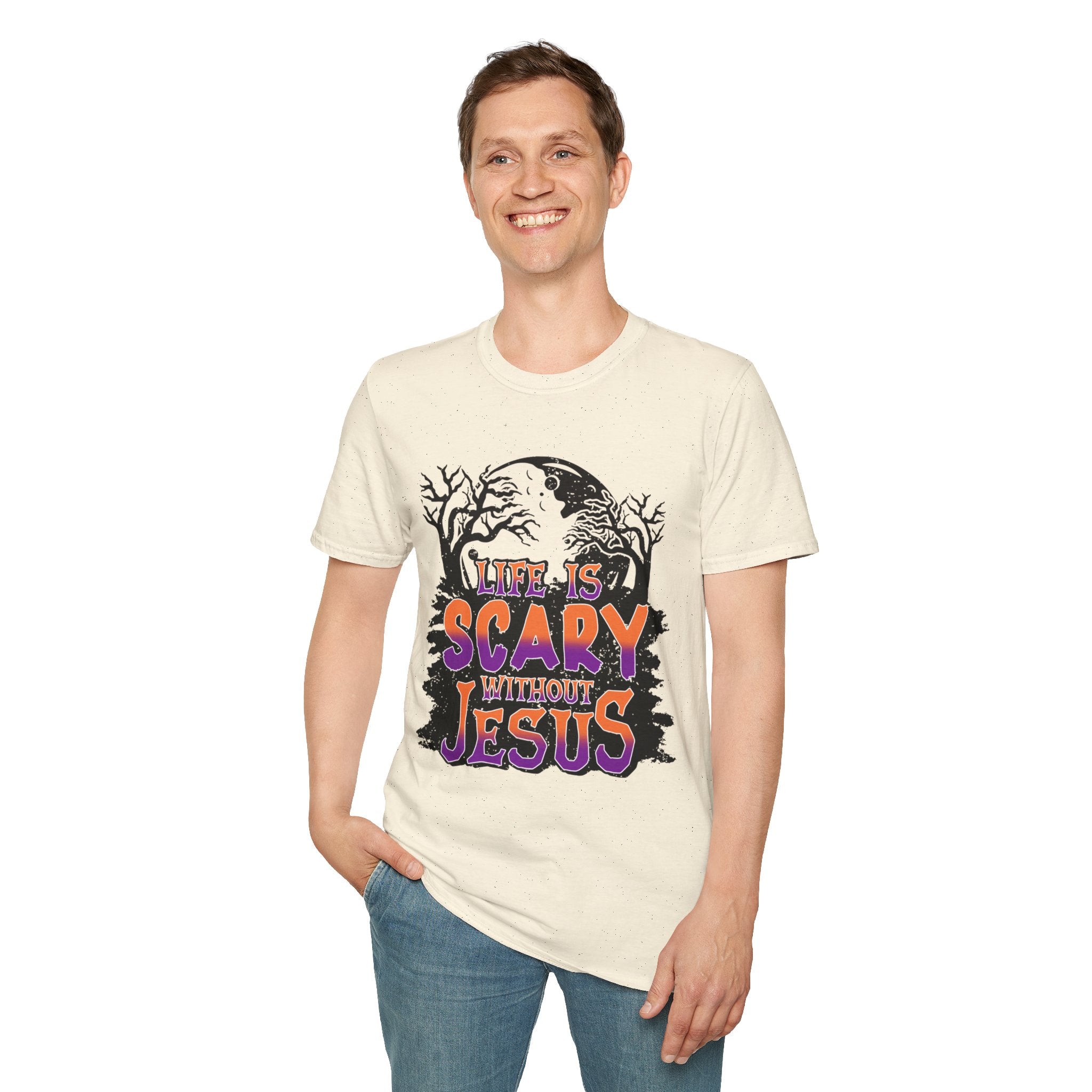 Unisex Softstyle T-Shirt - "Life is Scary Without Jesus" Halloween Tee, Christian Apparel, Faith-Based Gift, Religious T-Shirt