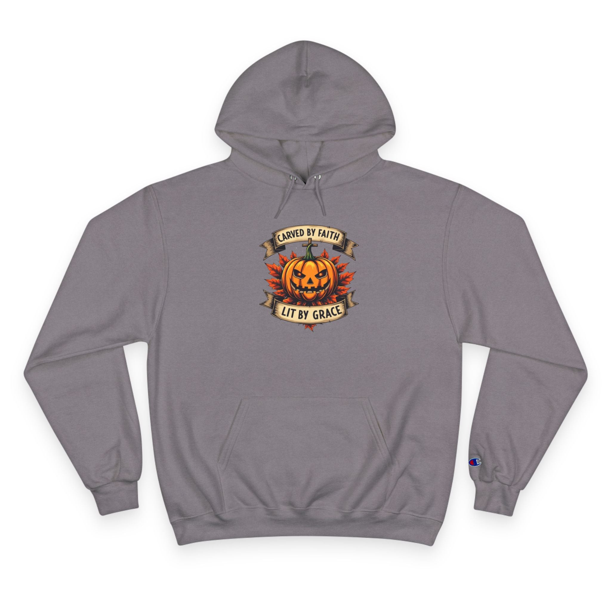 Halloween Pumpkin Champion Hoodie, Cozy Sweatshirt for Fall, Faith Inspired Apparel, Unisex Fall Fashion, Perfect for Halloween Celebrations