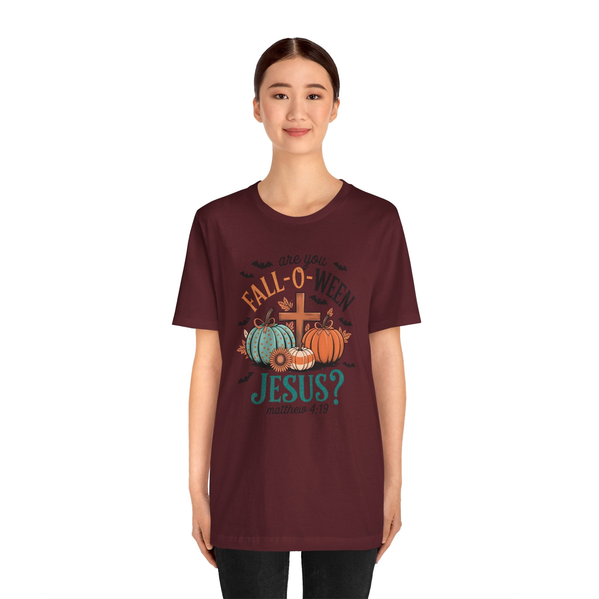 Fall-Themed Jesus T-Shirt, Unisex Short Sleeve Tee, Christian Apparel, Autumn Wear, Pumpkin Design, Halloween Celebration