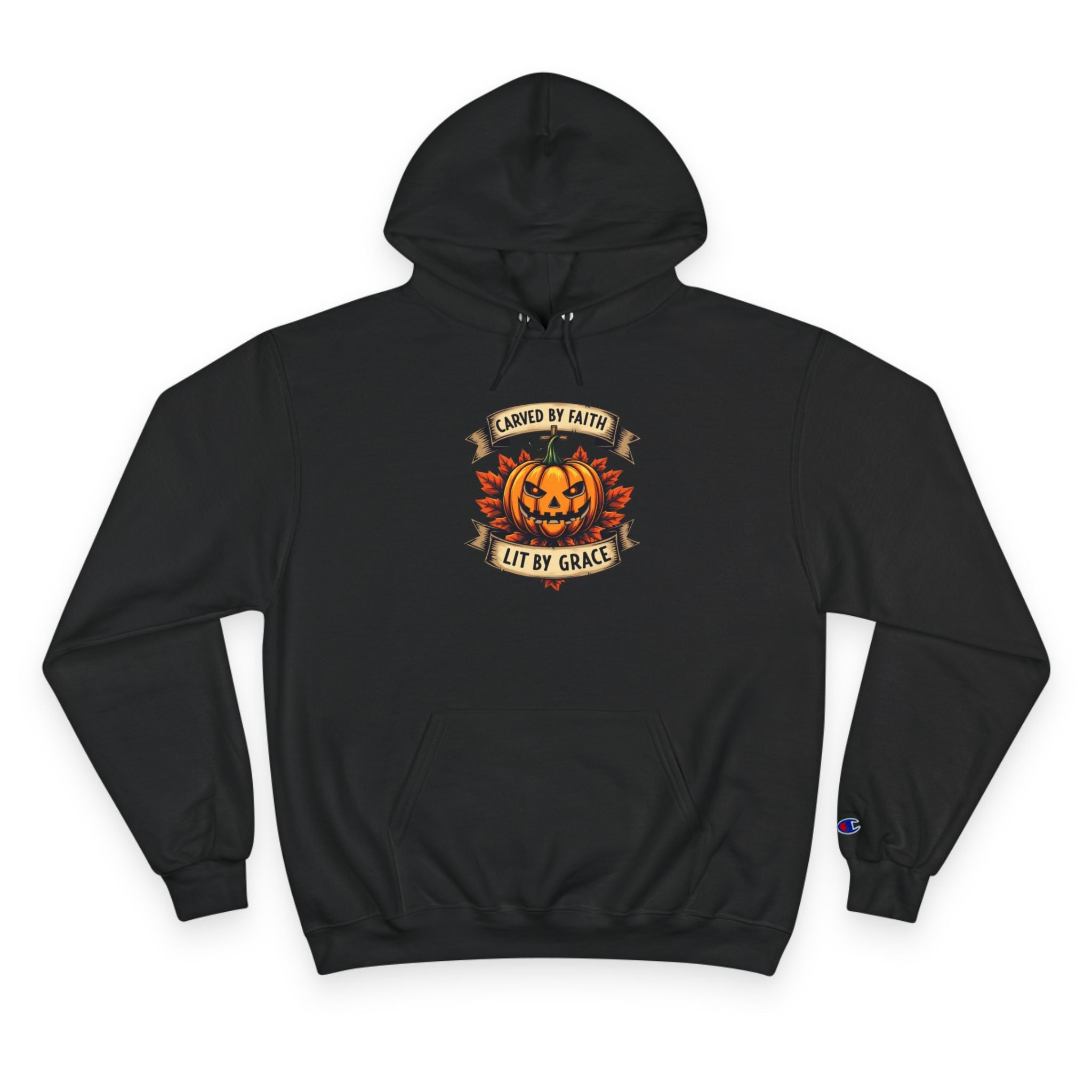 Halloween Pumpkin Champion Hoodie, Cozy Sweatshirt for Fall, Faith Inspired Apparel, Unisex Fall Fashion, Perfect for Halloween Celebrations