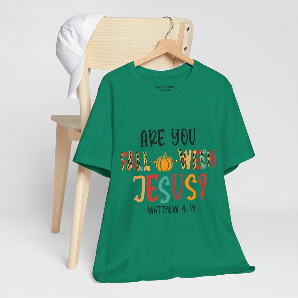 Fall-Themed Jesus Tee | Unisex Jersey Short Sleeve T-Shirt, Halloween Church Wear, Faith-Based Gift, Cozy Casual Top