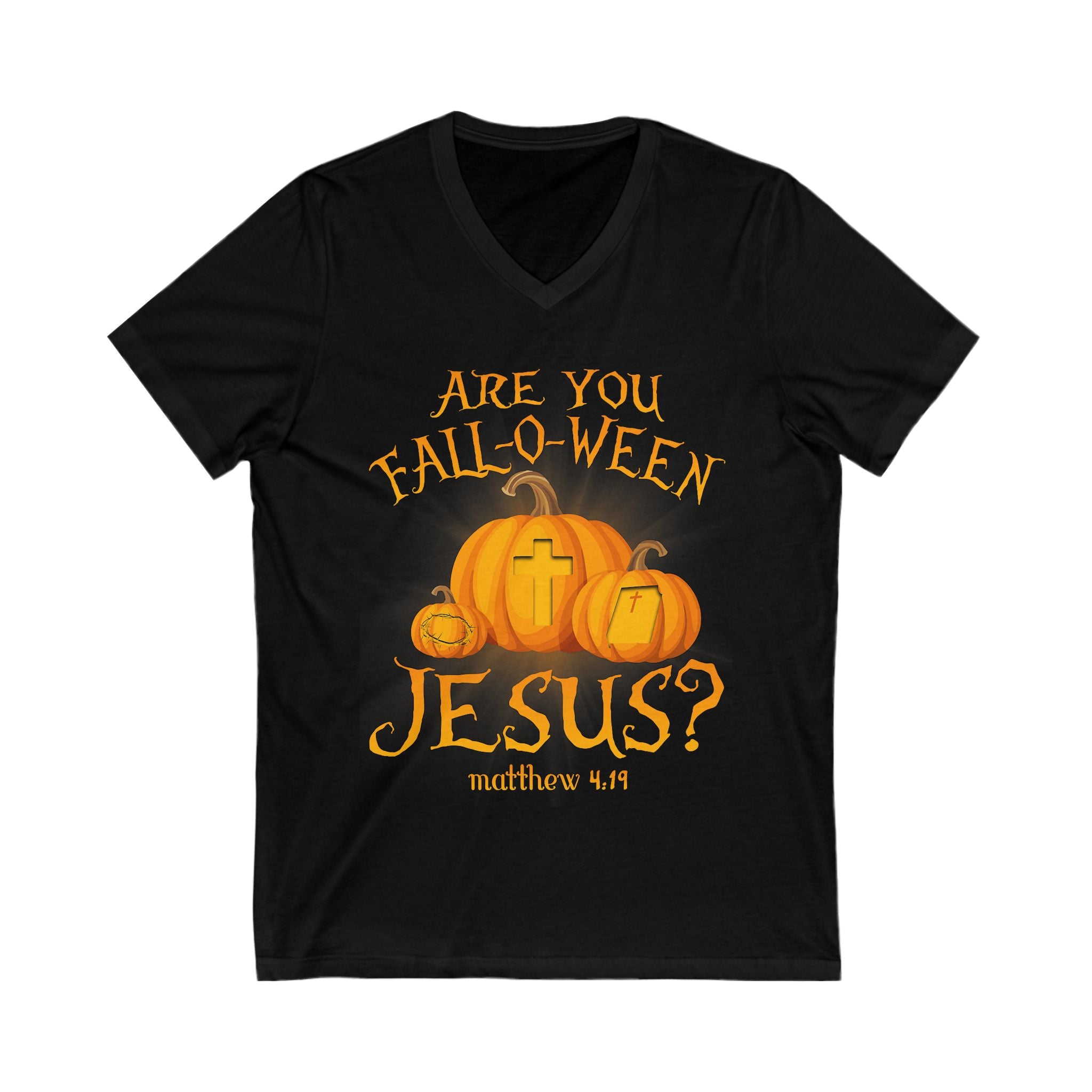 Fall Halloween Jesus V-Neck Tee, Pumpkin Shirt, Faith T-Shirt, Halloween Apparel, Christian Fall Clothing