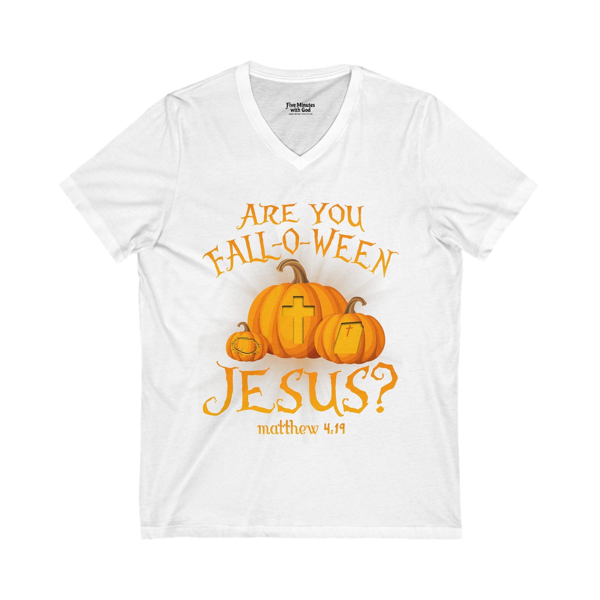 Fall Halloween Jesus V-Neck Tee, Pumpkin Shirt, Faith T-Shirt, Halloween Apparel, Christian Fall Clothing