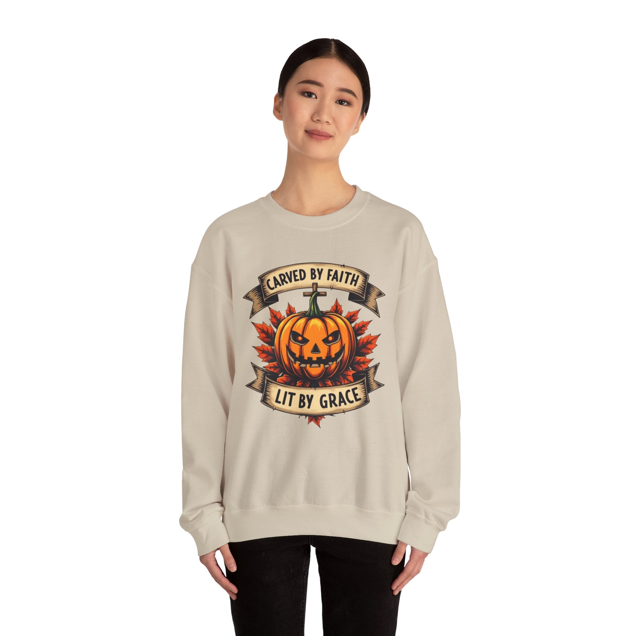 Autumn Pumpkin Sweatshirt - Carved by Faith Lit by Grace, Cozy Fall Fashion, Halloween Gift, Unisex Crewneck, Seasonal Hoodie, Halloween