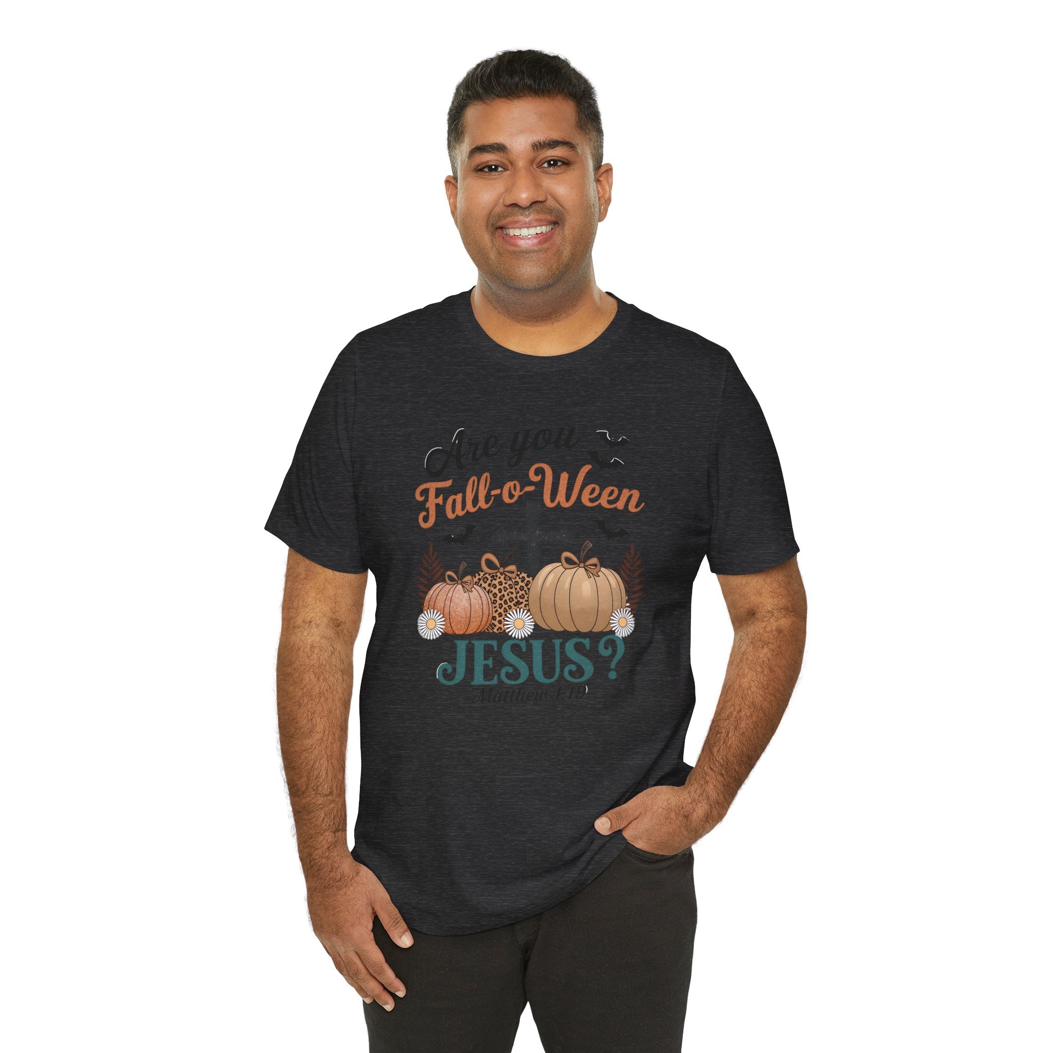 Fall-themed Christian Tee, Are You Fall-o-Ween Jesus?, Unisex Halloween Shirt, Autumn Faith T-Shirt, Pumpkin Design Top