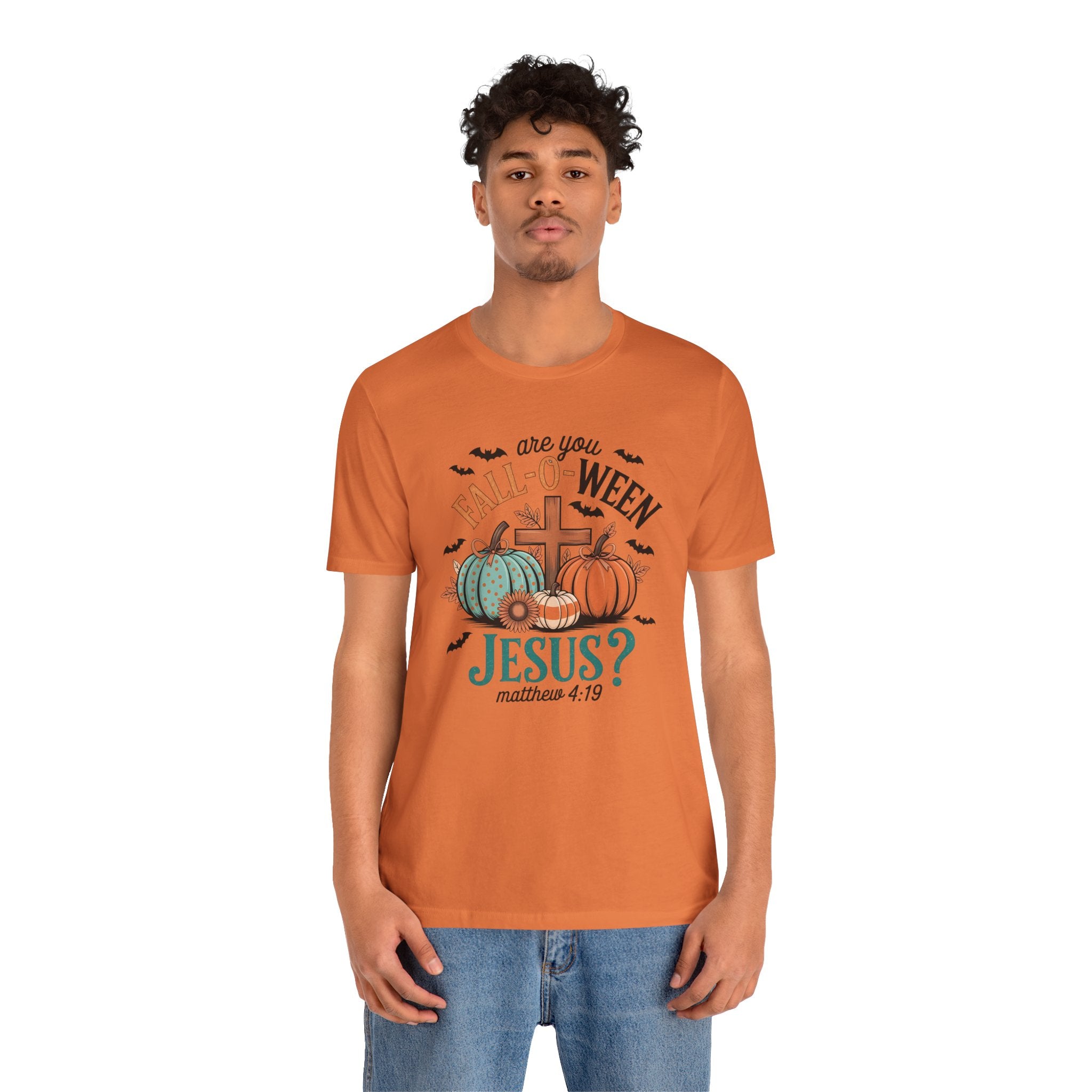 Fall-Themed Jesus T-Shirt, Unisex Short Sleeve Tee, Christian Apparel, Autumn Wear, Pumpkin Design, Halloween Celebration