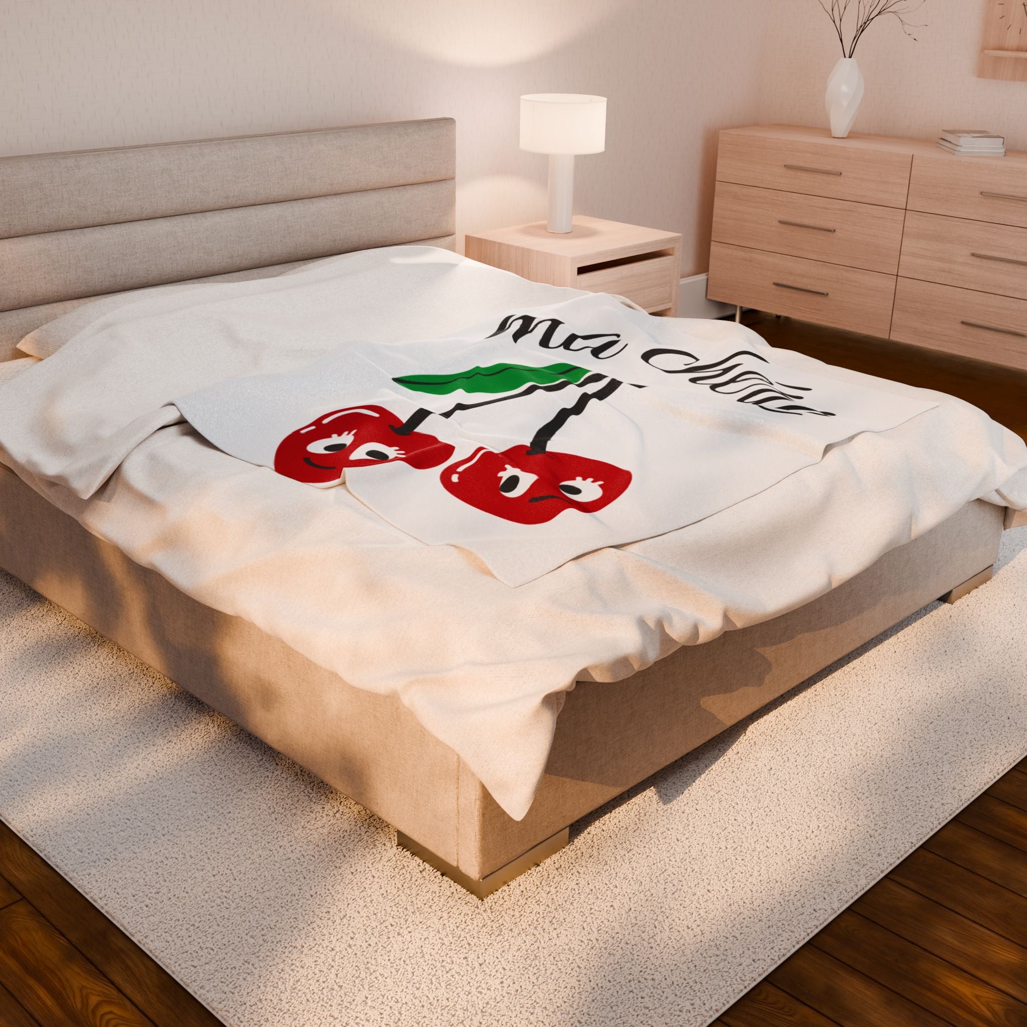 Cute Cherry 'Ma Chérie' Velveteen Plush Blanket, Cozy Throw, Gift for Her, Home Decor, Cherry Theme, Warm Snuggle Blanket
