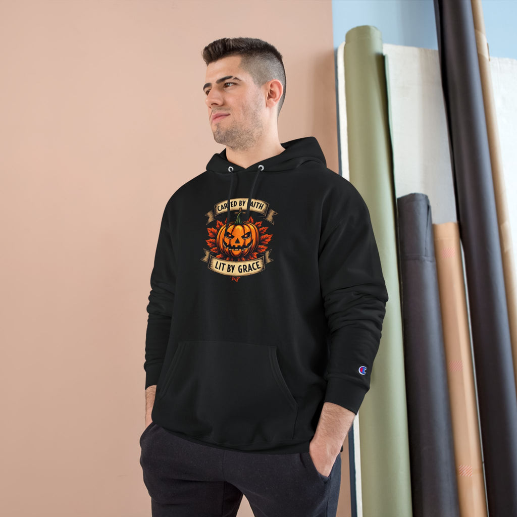 Halloween Pumpkin Champion Hoodie, Cozy Sweatshirt for Fall, Faith Inspired Apparel, Unisex Fall Fashion, Perfect for Halloween Celebrations