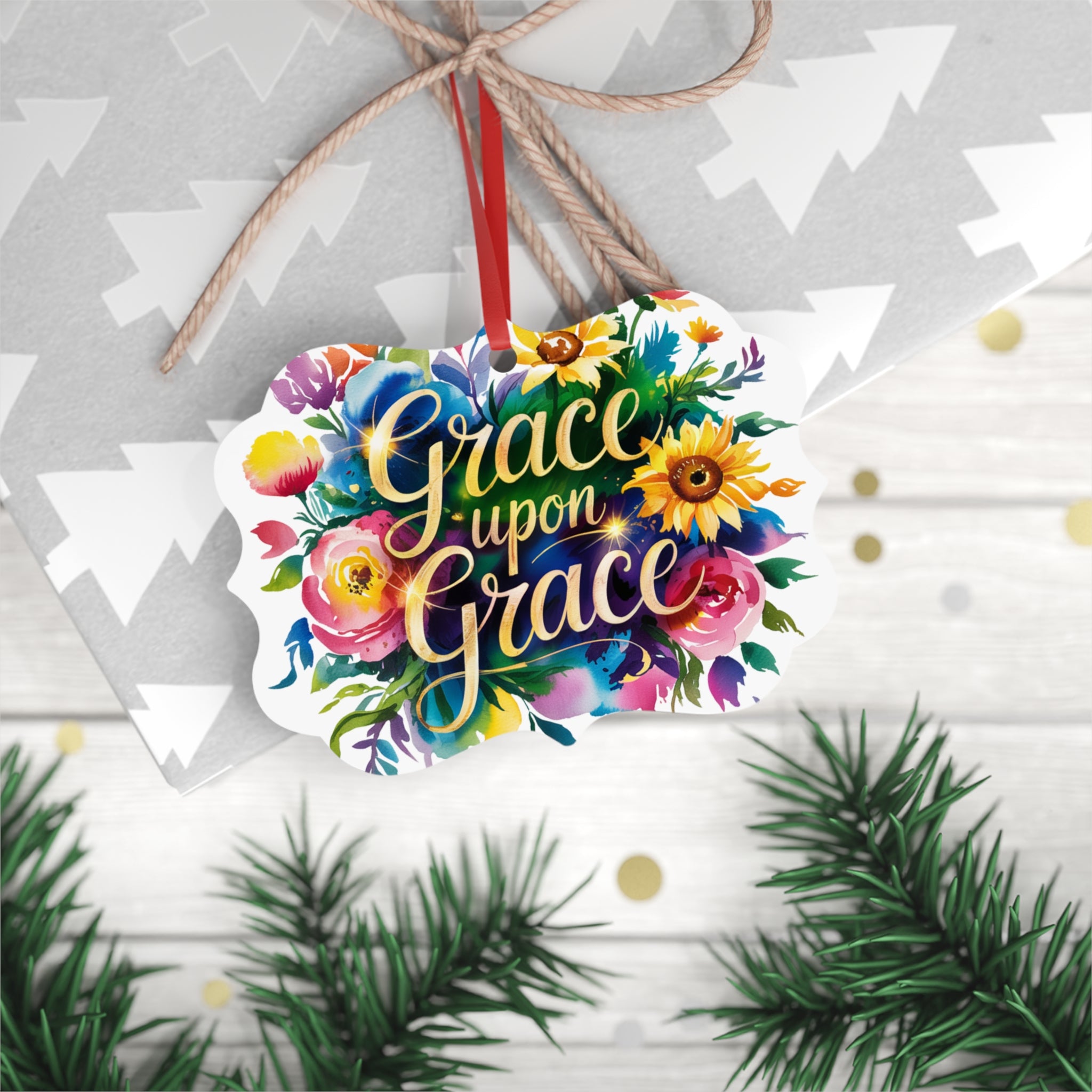 Floral Metal Ornament - Grace Upon Grace - Home Decor, Gift, Holiday Decoration, Wall Art, Personalized Ornament