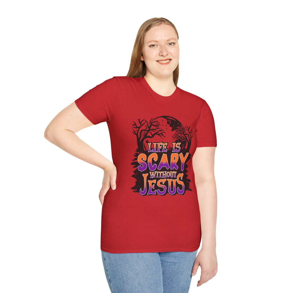 Unisex Softstyle T-Shirt - "Life is Scary Without Jesus" Halloween Tee, Christian Apparel, Faith-Based Gift, Religious T-Shirt