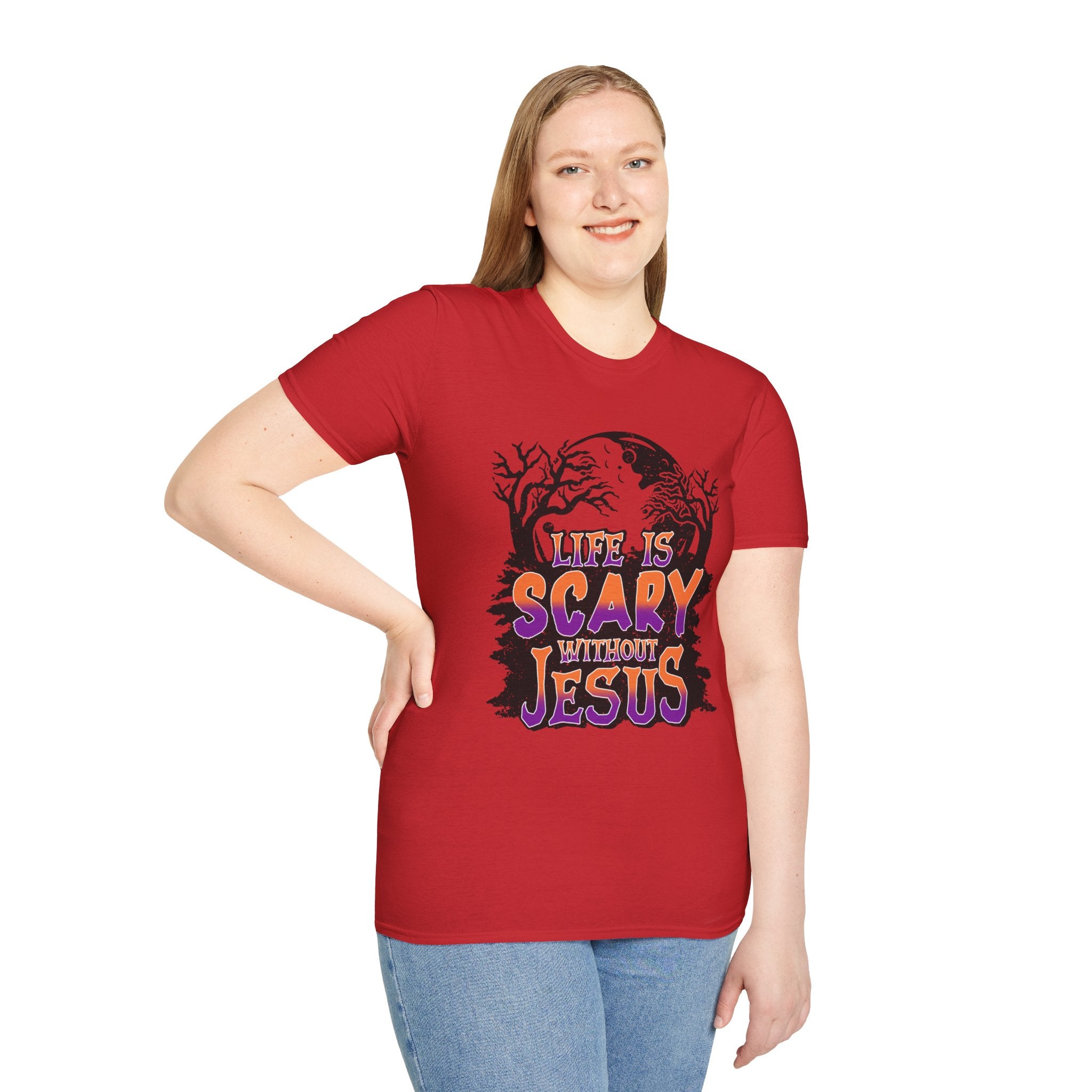 Unisex Softstyle T-Shirt - "Life is Scary Without Jesus" Halloween Tee, Christian Apparel, Faith-Based Gift, Religious T-Shirt