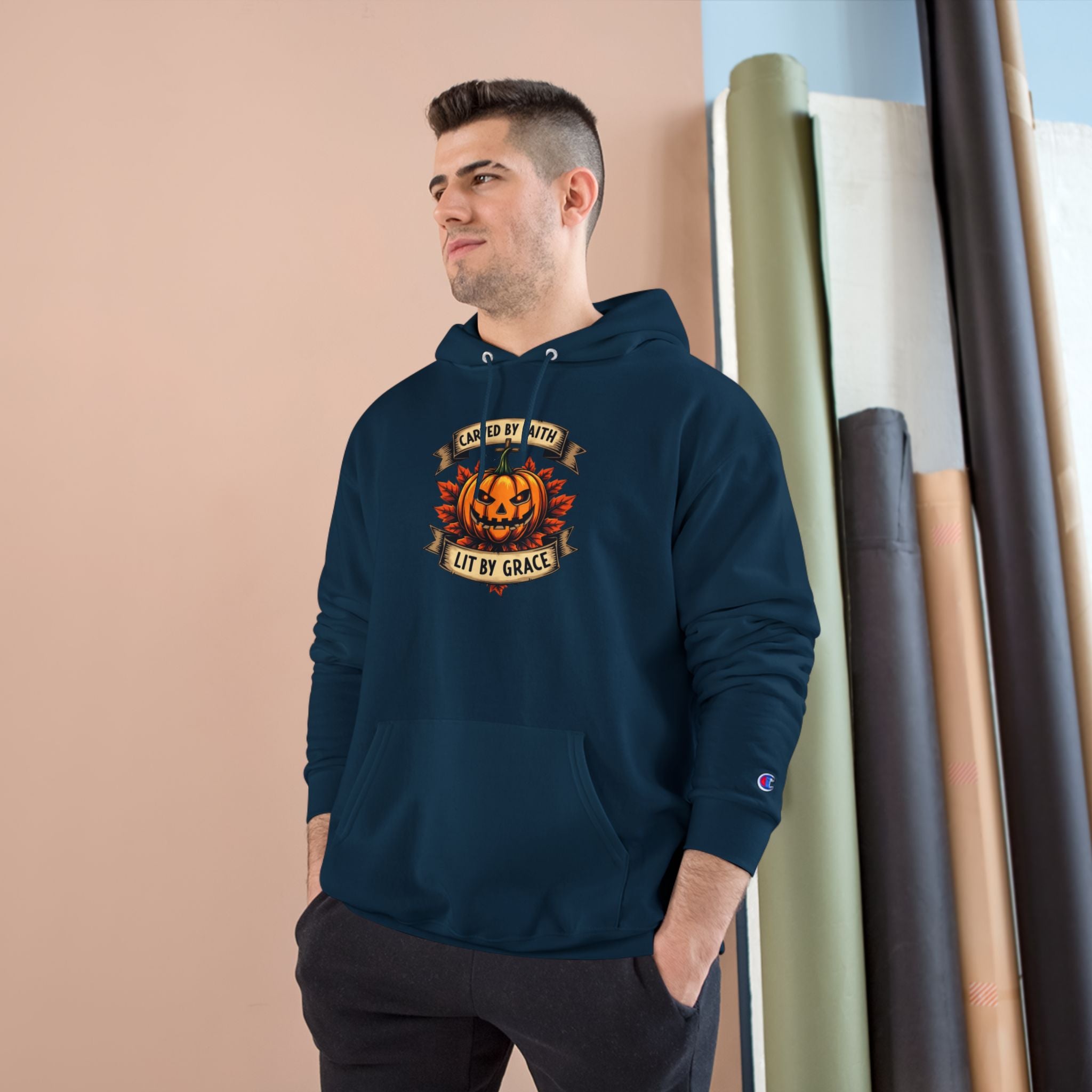 Halloween Pumpkin Champion Hoodie, Cozy Sweatshirt for Fall, Faith Inspired Apparel, Unisex Fall Fashion, Perfect for Halloween Celebrations