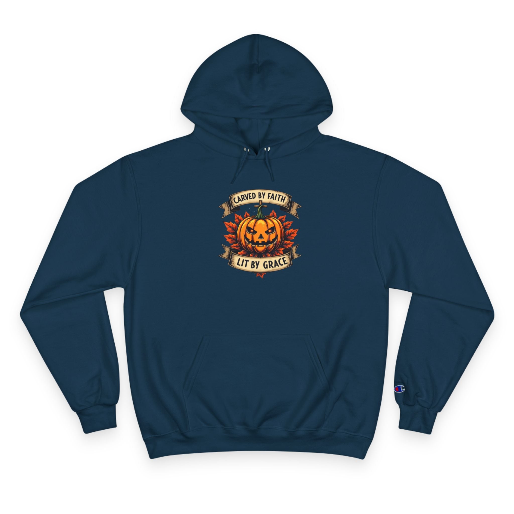 Halloween Pumpkin Champion Hoodie, Cozy Sweatshirt for Fall, Faith Inspired Apparel, Unisex Fall Fashion, Perfect for Halloween Celebrations