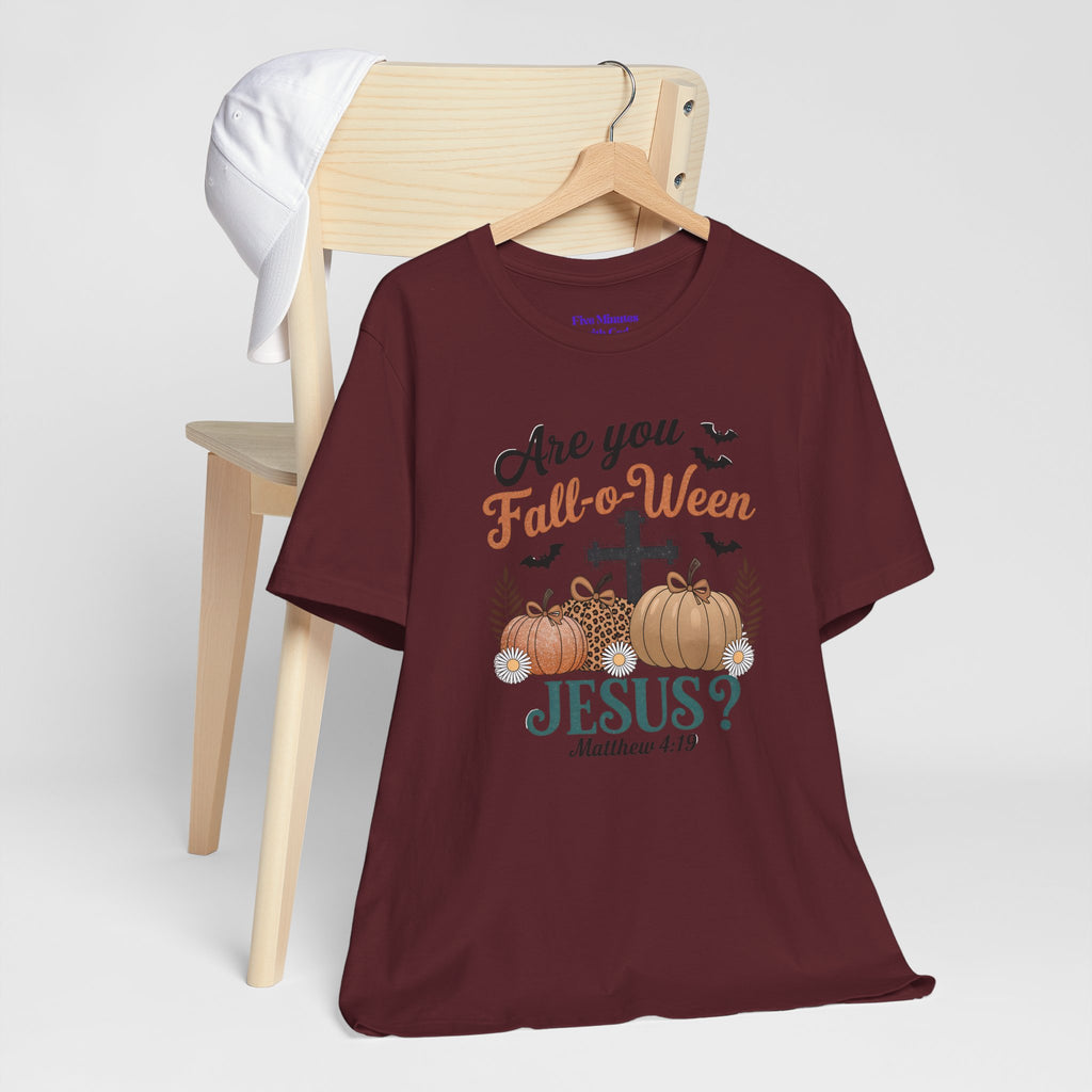 Fall-themed Christian Tee, Are You Fall-o-Ween Jesus?, Unisex Halloween Shirt, Autumn Faith T-Shirt, Pumpkin Design Top