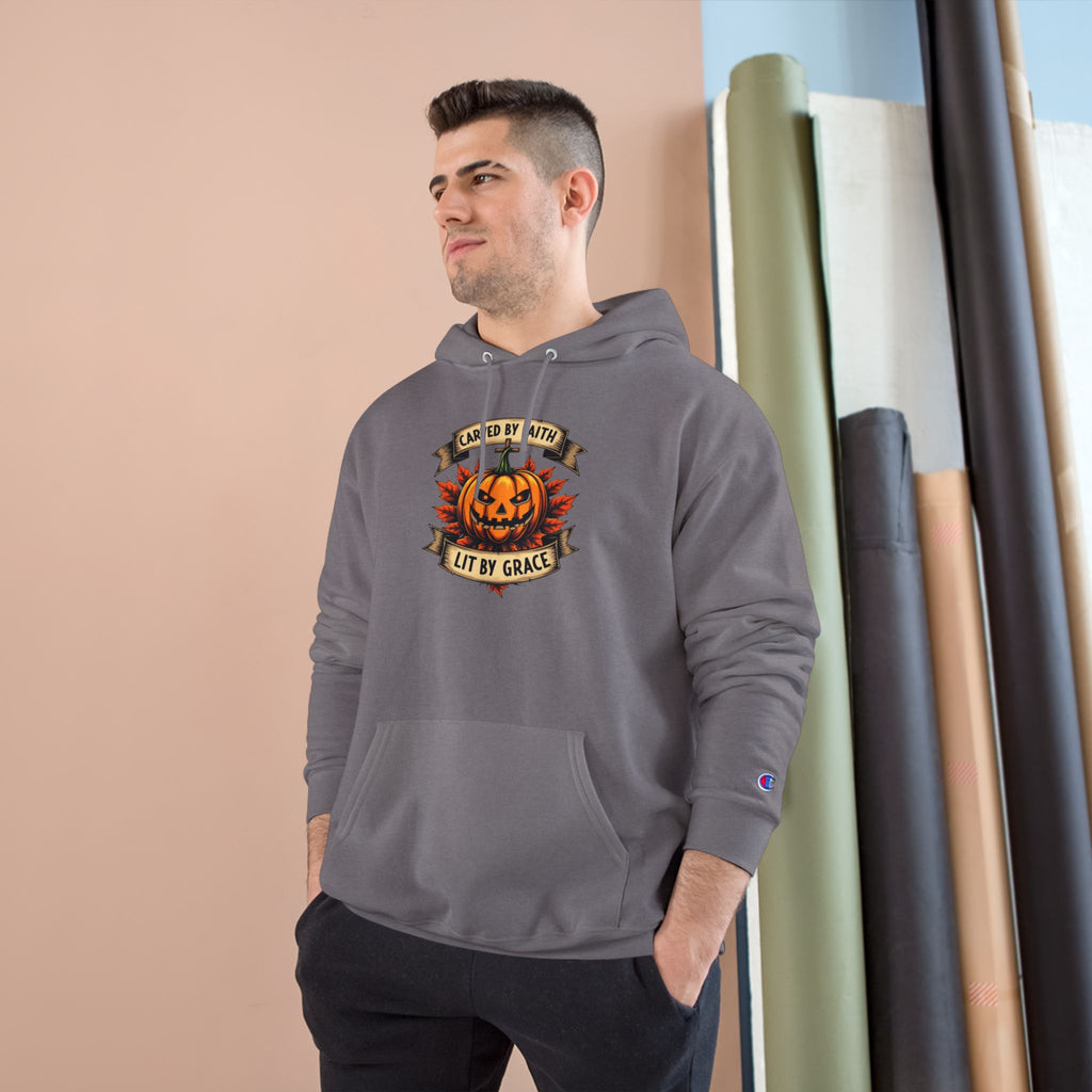Halloween Pumpkin Champion Hoodie, Cozy Sweatshirt for Fall, Faith Inspired Apparel, Unisex Fall Fashion, Perfect for Halloween Celebrations