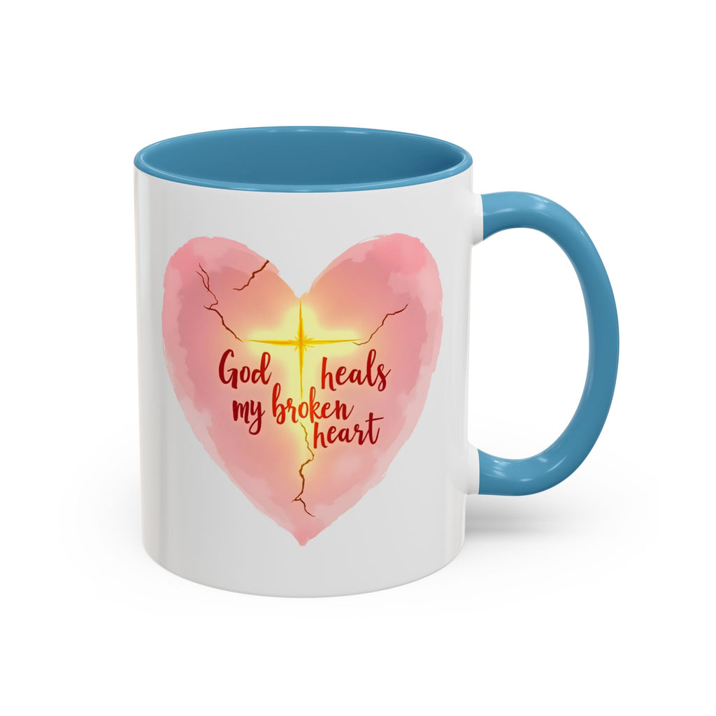 God Heals My Broken Heart Mug, Inspirational Coffee Cup, Heart Design Gift, Christian Faith Mug, Encouragement & Support Beverage