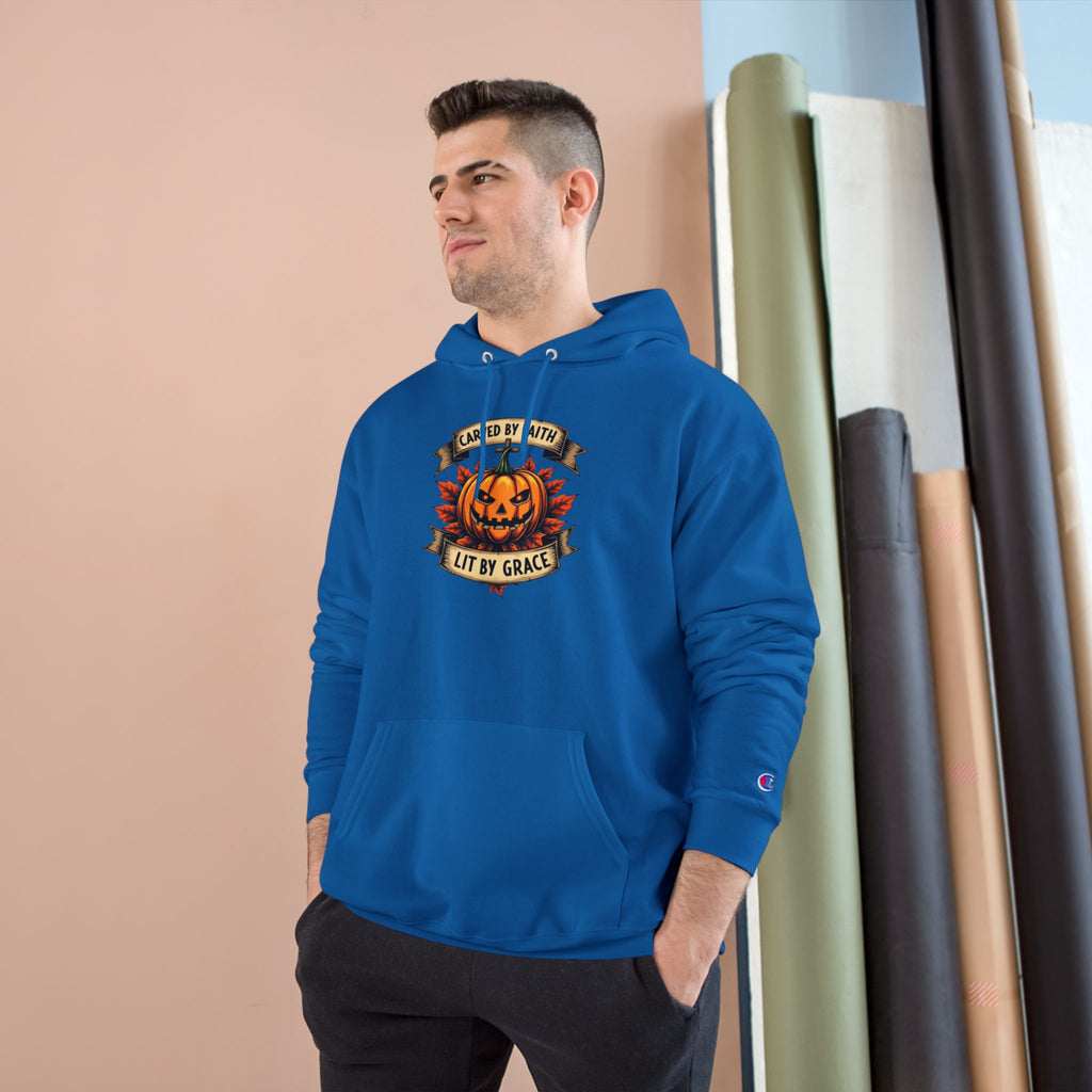 Halloween Pumpkin Champion Hoodie, Cozy Sweatshirt for Fall, Faith Inspired Apparel, Unisex Fall Fashion, Perfect for Halloween Celebrations
