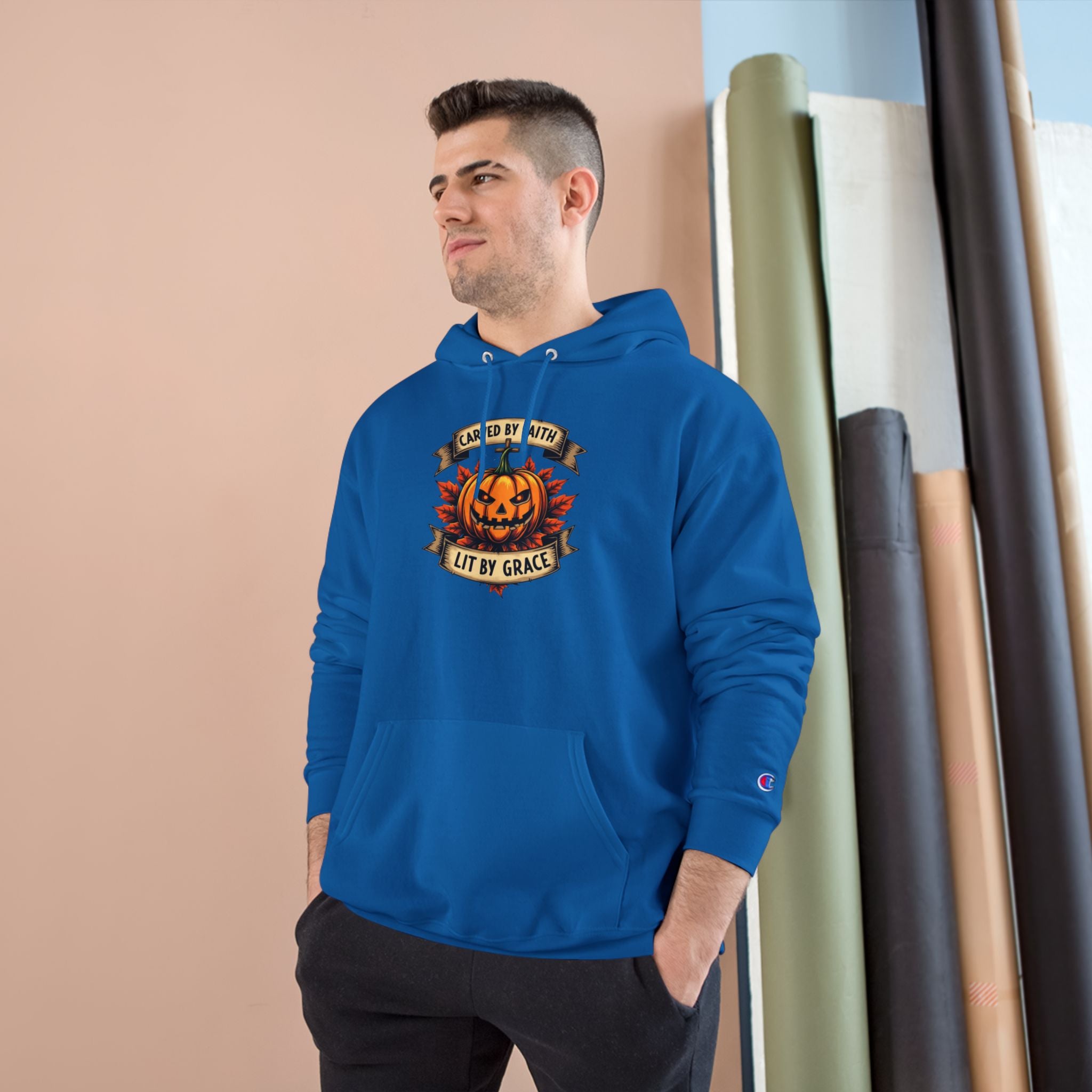 Halloween Pumpkin Champion Hoodie, Cozy Sweatshirt for Fall, Faith Inspired Apparel, Unisex Fall Fashion, Perfect for Halloween Celebrations