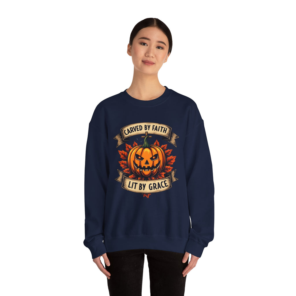Autumn Pumpkin Sweatshirt - Carved by Faith Lit by Grace, Cozy Fall Fashion, Halloween Gift, Unisex Crewneck, Seasonal Hoodie, Halloween